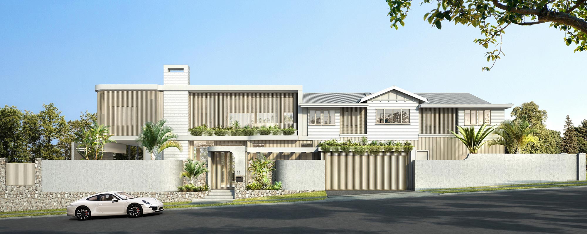 Luxury modern residence with gated entry, layered facade and integrated landscaping