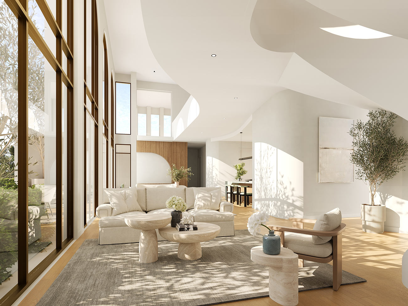 Luxury open plan living and dining with high-end finishes and modern styling