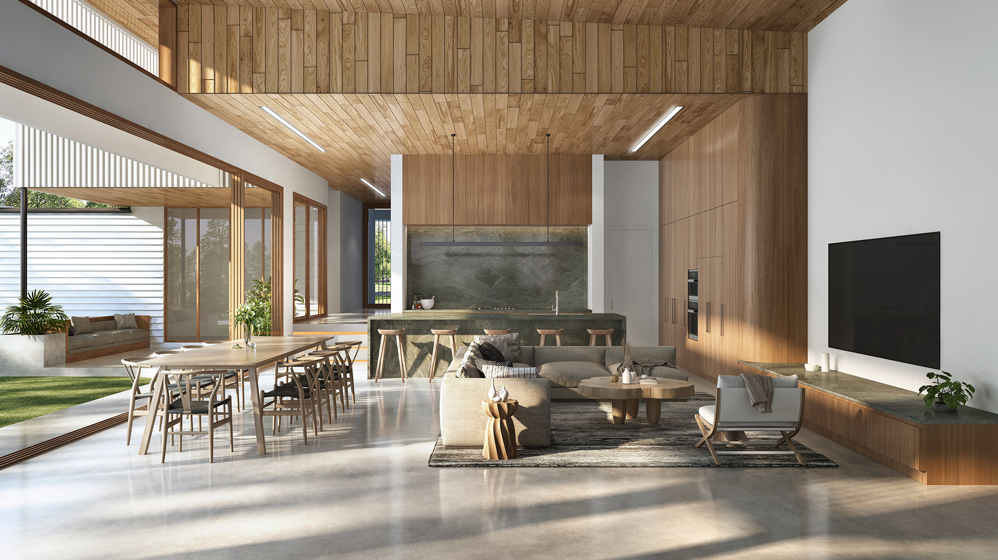 Luxury open plan living, kitchen and dining space with high-end finishes and spacious layout