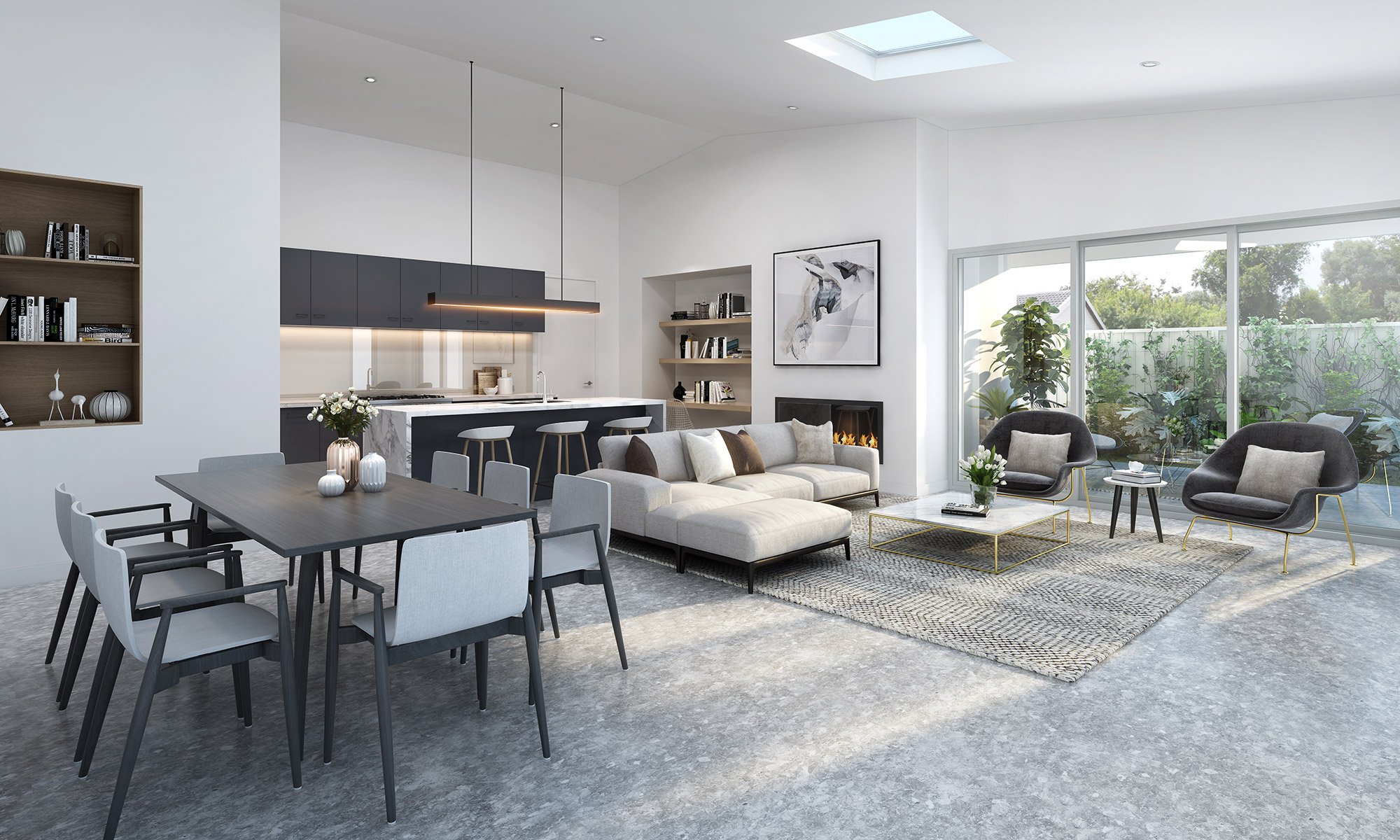 Luxury open plan living and kitchen with fireplace, designer furniture and modern finishes