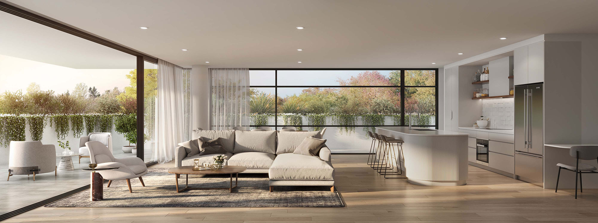 Luxury open plan living and kitchen with large glazing, modern finishes and spacious layout