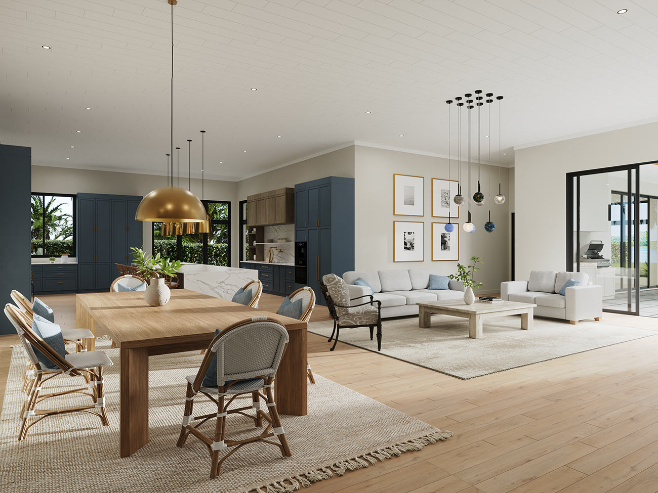 Luxury open plan living with large glazing, modern kitchen and city views