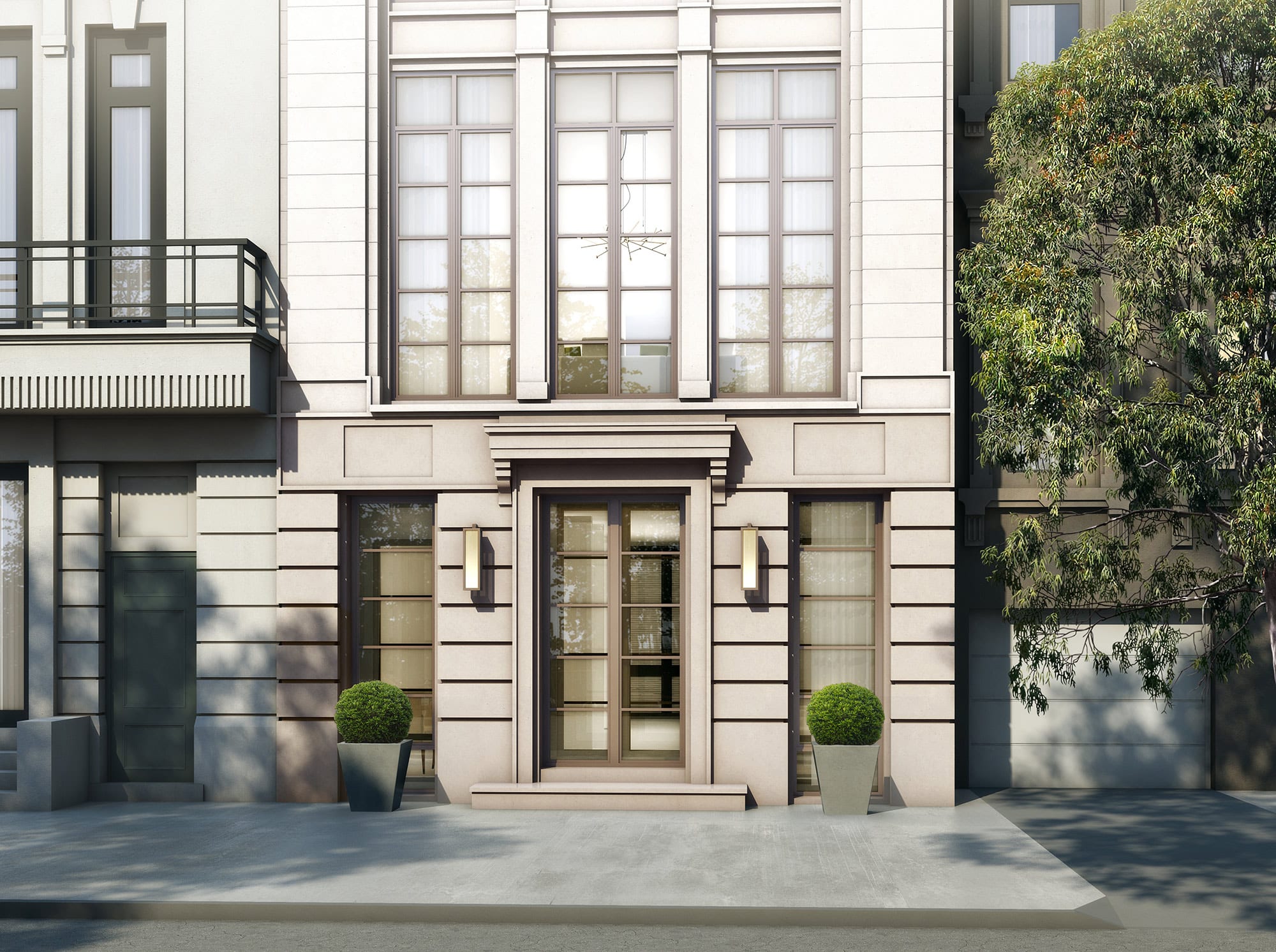 Luxury urban townhouse entrance with classical stone facade and symmetrical doorway