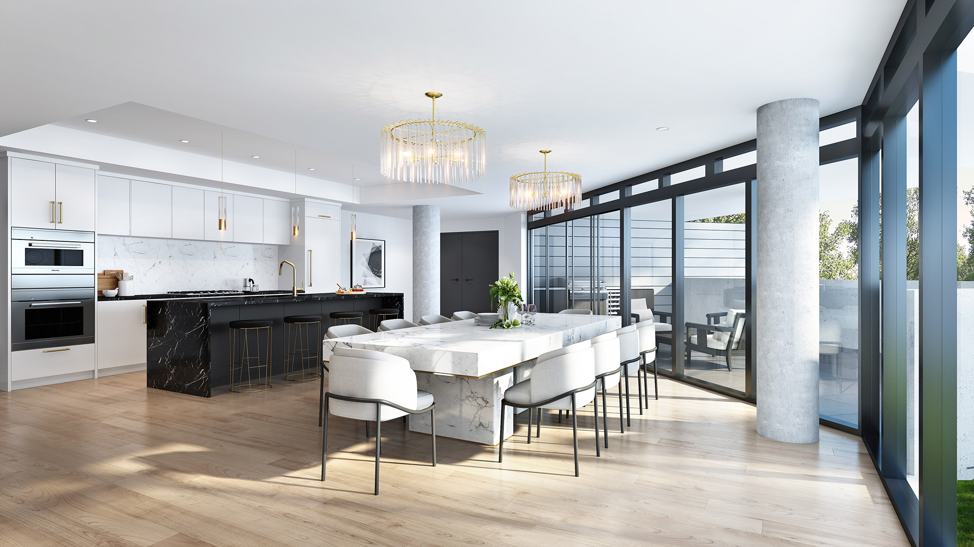 Luxury white kitchen with marble island bench, designer chandelier lighting and open dining area