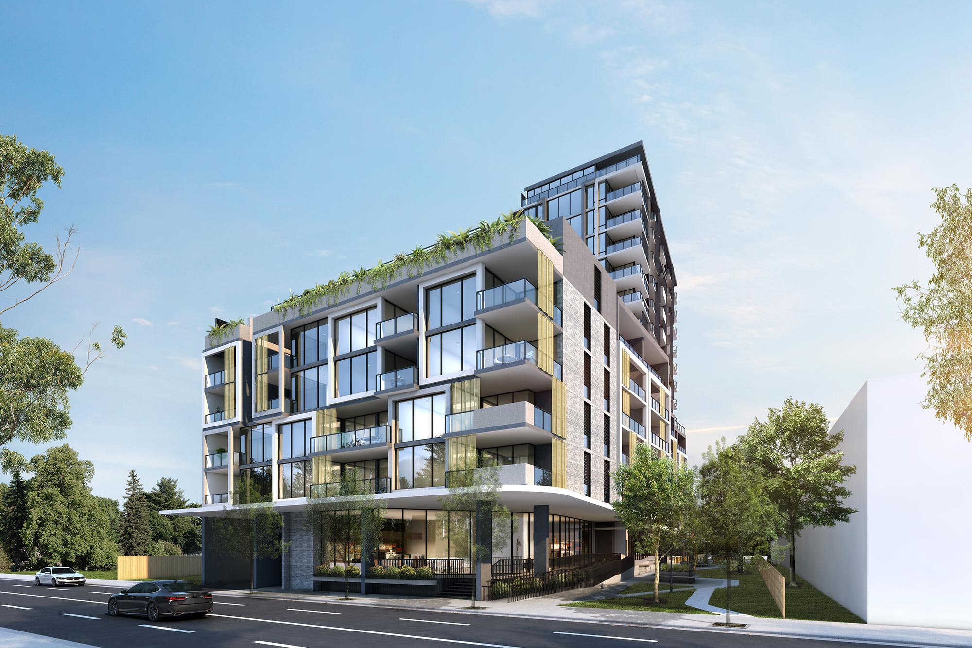3D render of a modern mid-rise apartment building with balconies and street frontage