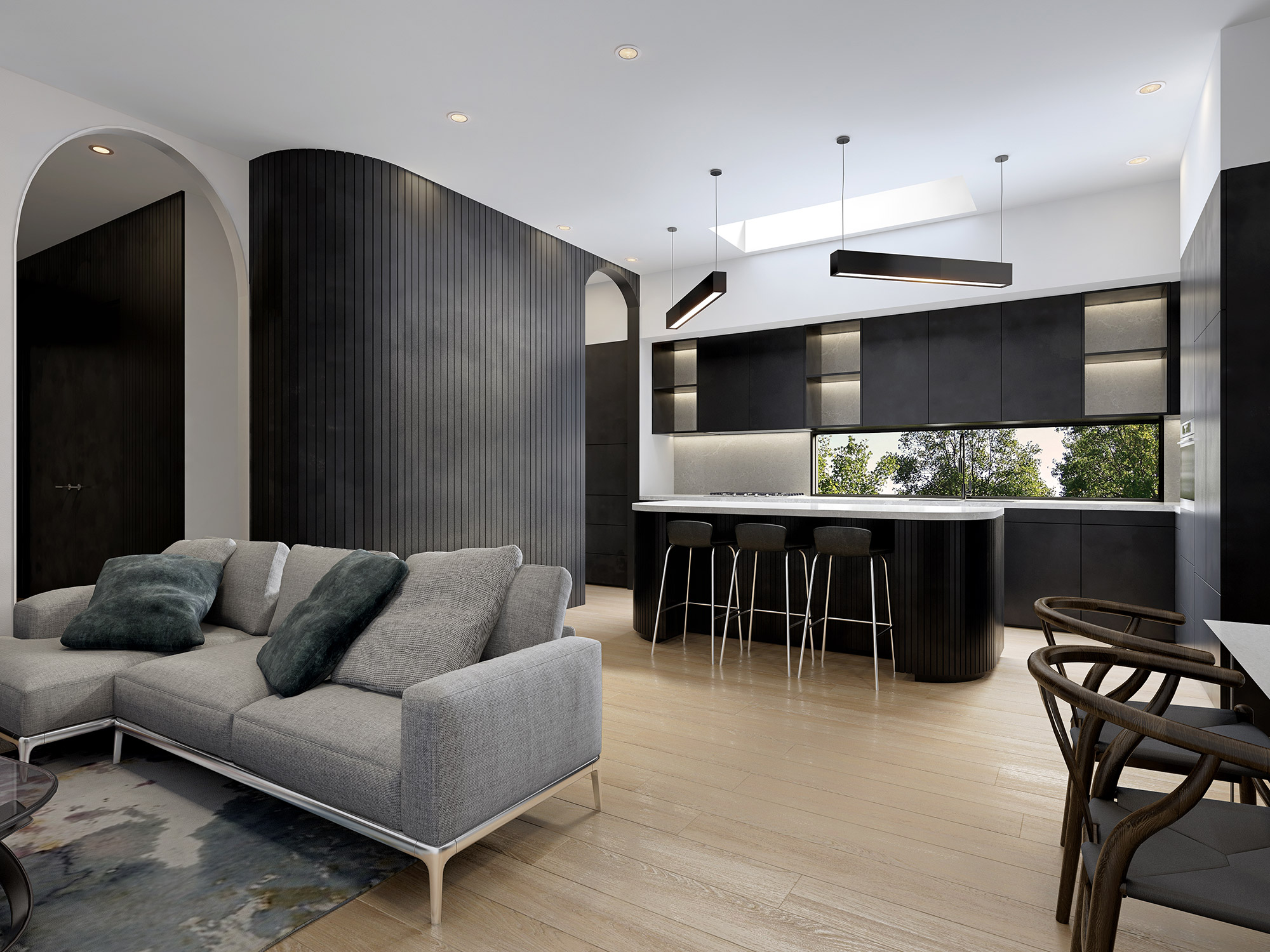 Minimalist kitchen with clean cabinetry, integrated appliances and modern finishes