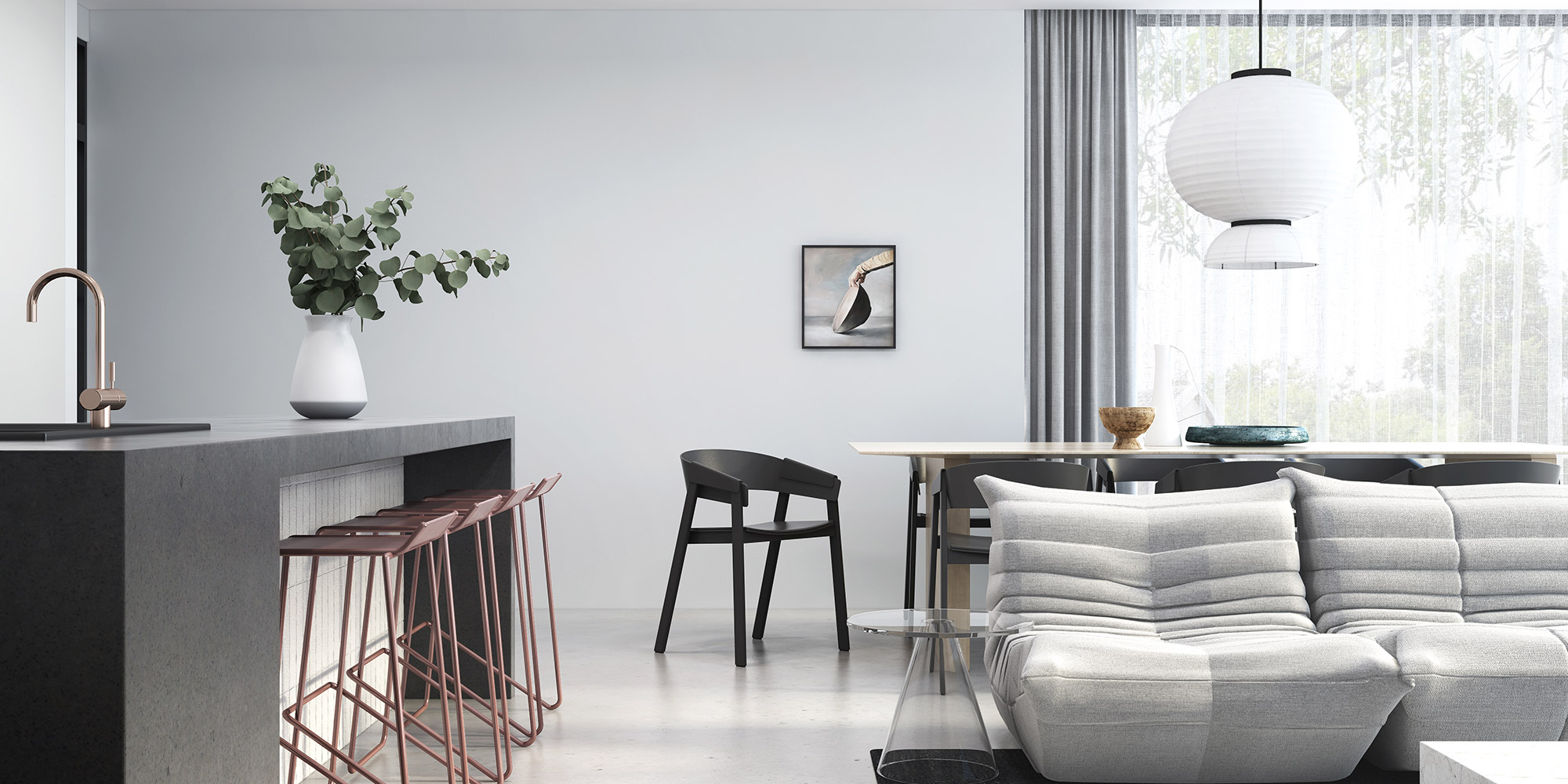 Minimalist living and dining space with soft neutral palette, modern furniture and clean architectural lines
