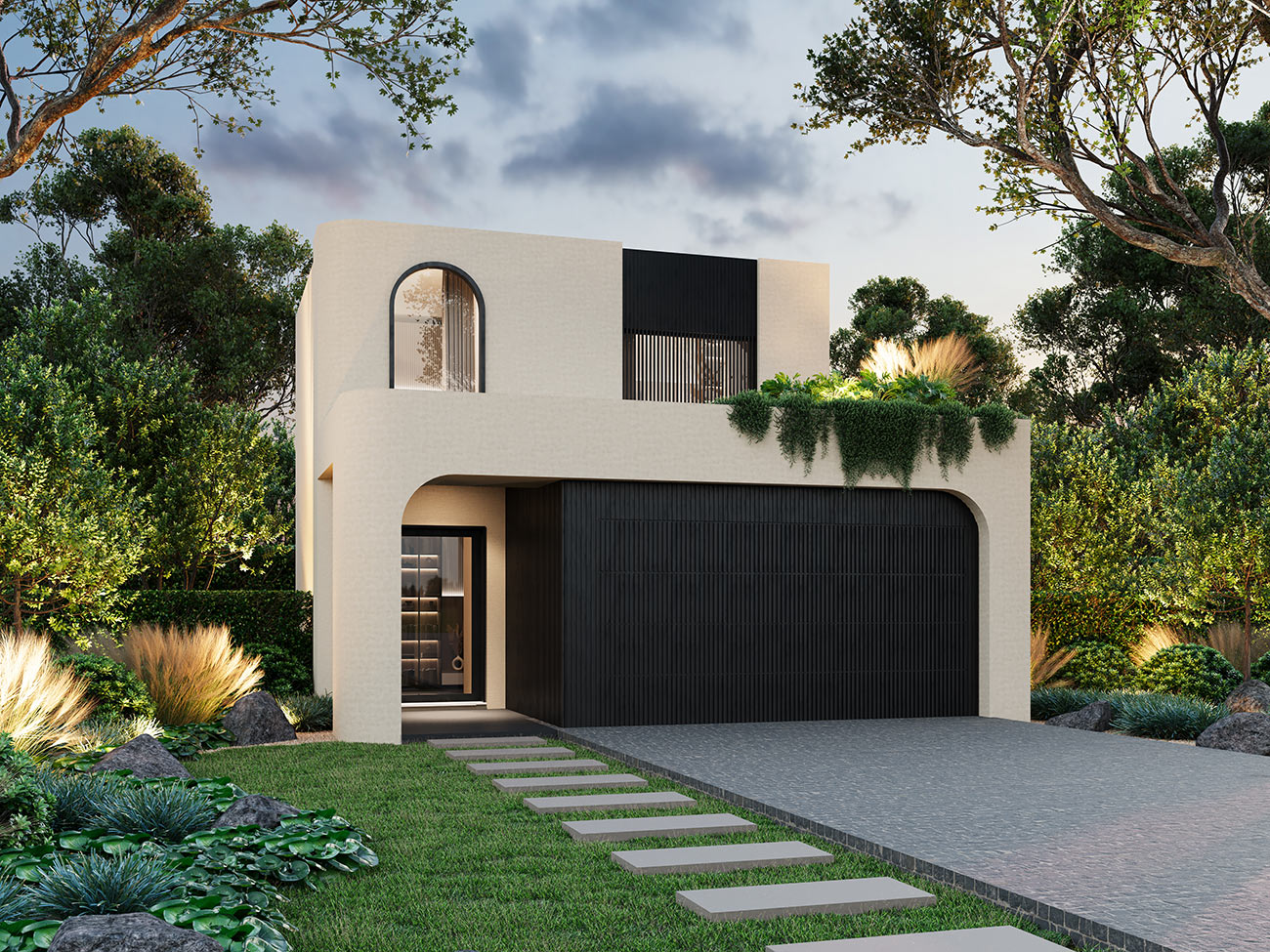Minimalist modern home with dark timber cladding and gable roof architecture