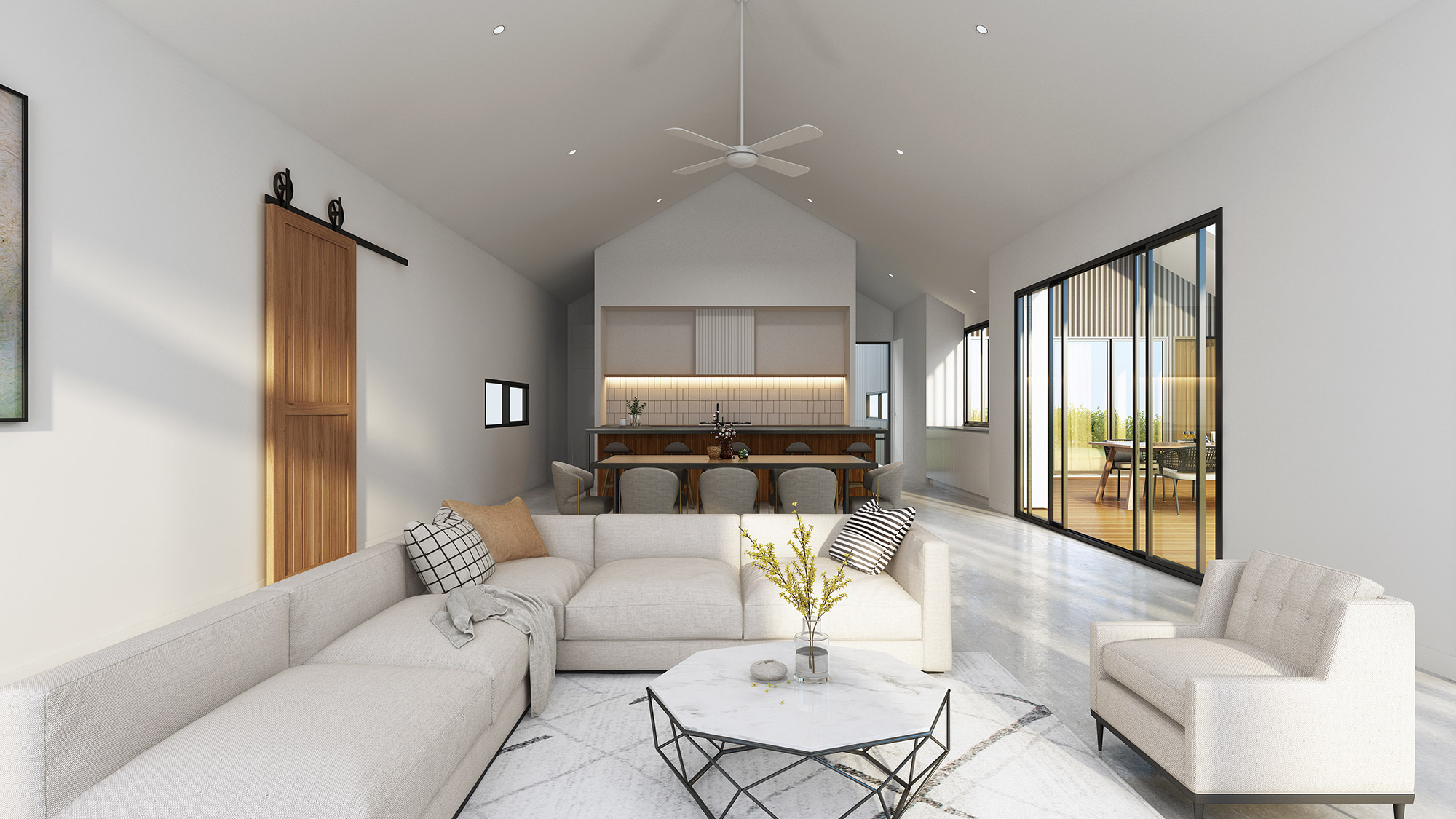 Minimalist open plan living and dining space with high ceilings, large windows and clean modern finishes