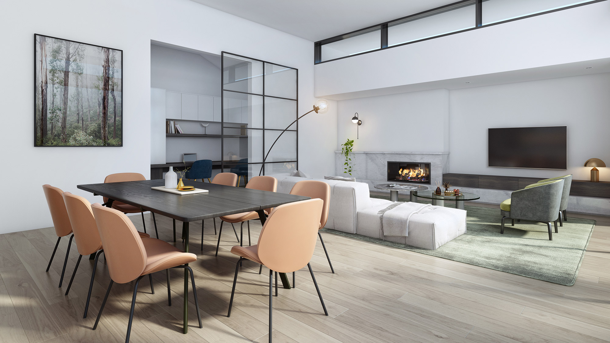 Minimalist open plan living and kitchen with large windows, natural light and soft interior styling