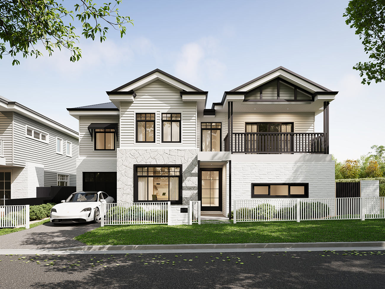 Modern apartment building with angled facade and urban streetscape