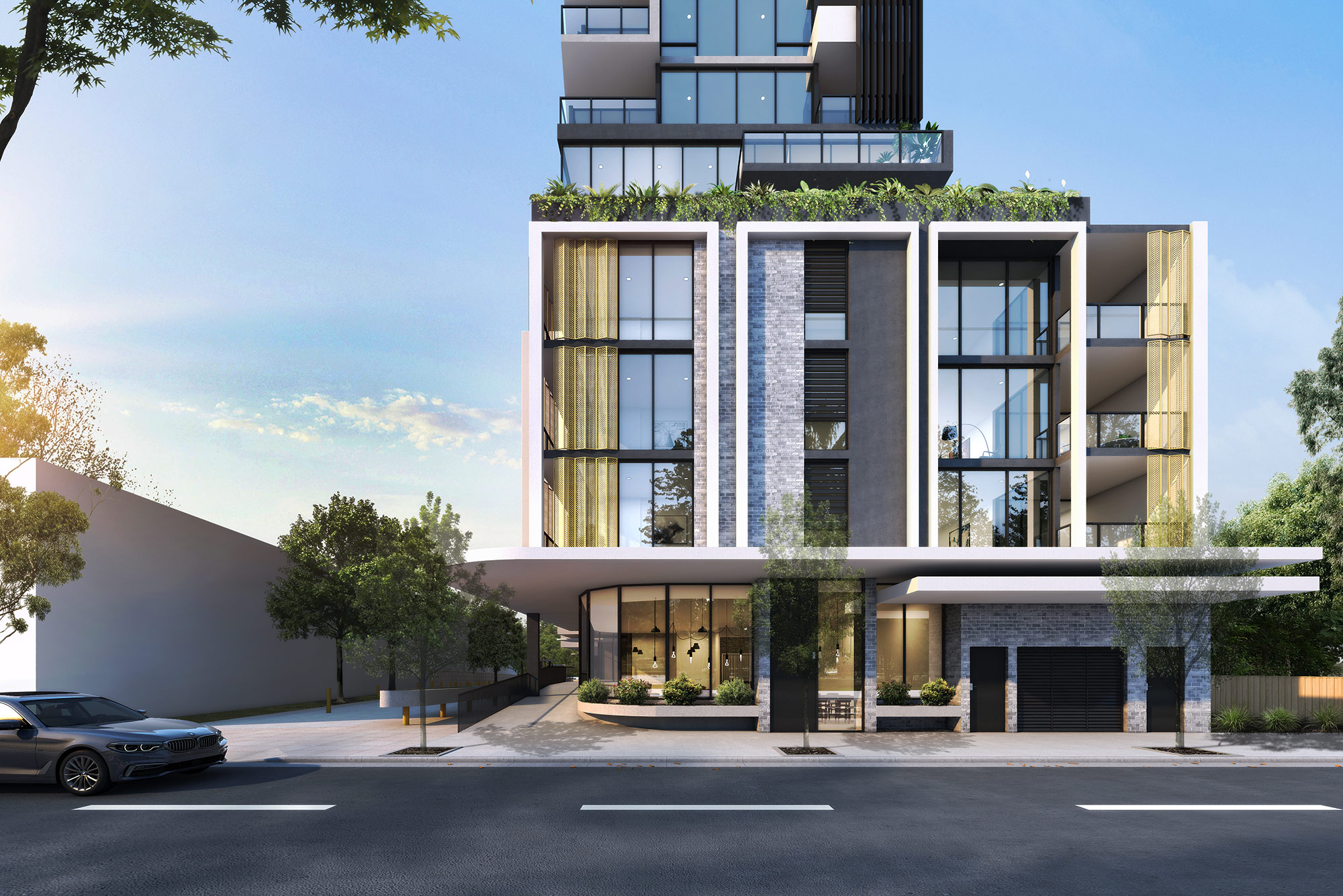 Modern apartment building with balconies, commercial frontage and urban street setting