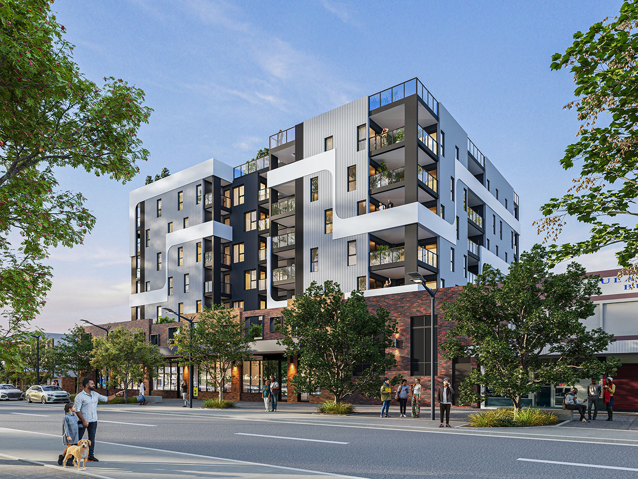Modern apartment complex with retail base and pedestrian streetscape