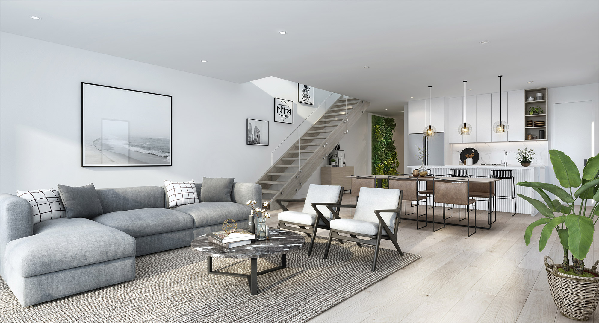 Modern apartment living, dining and kitchen space with open plan design and urban interior styling