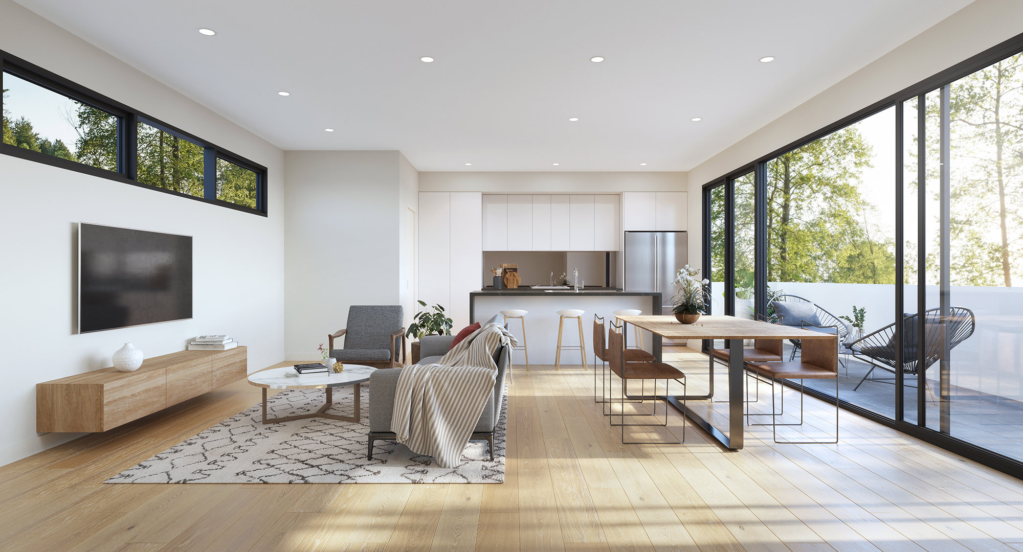 Modern apartment living and dining space with open plan layout and balcony access