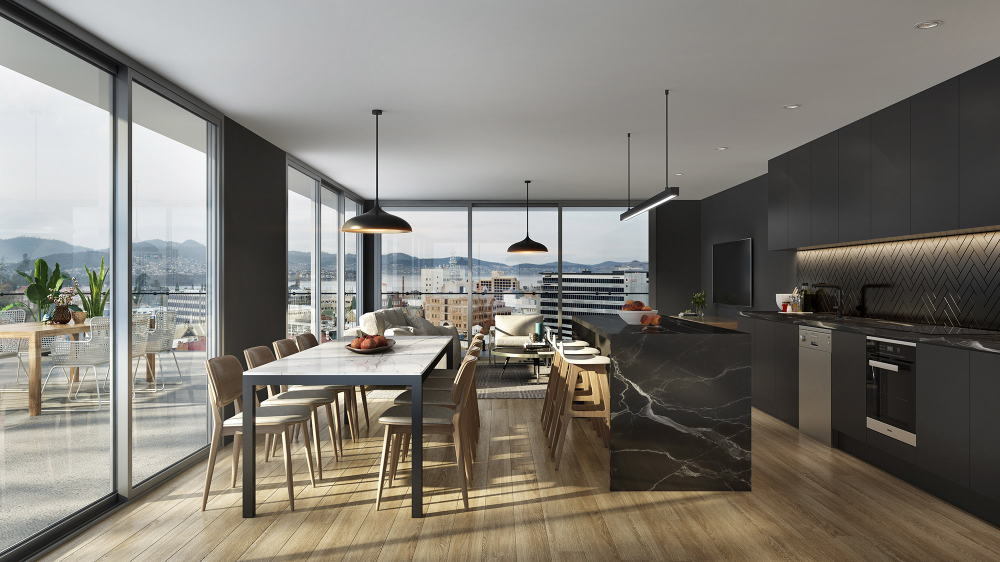 Modern apartment living area with open plan layout and clean contemporary design