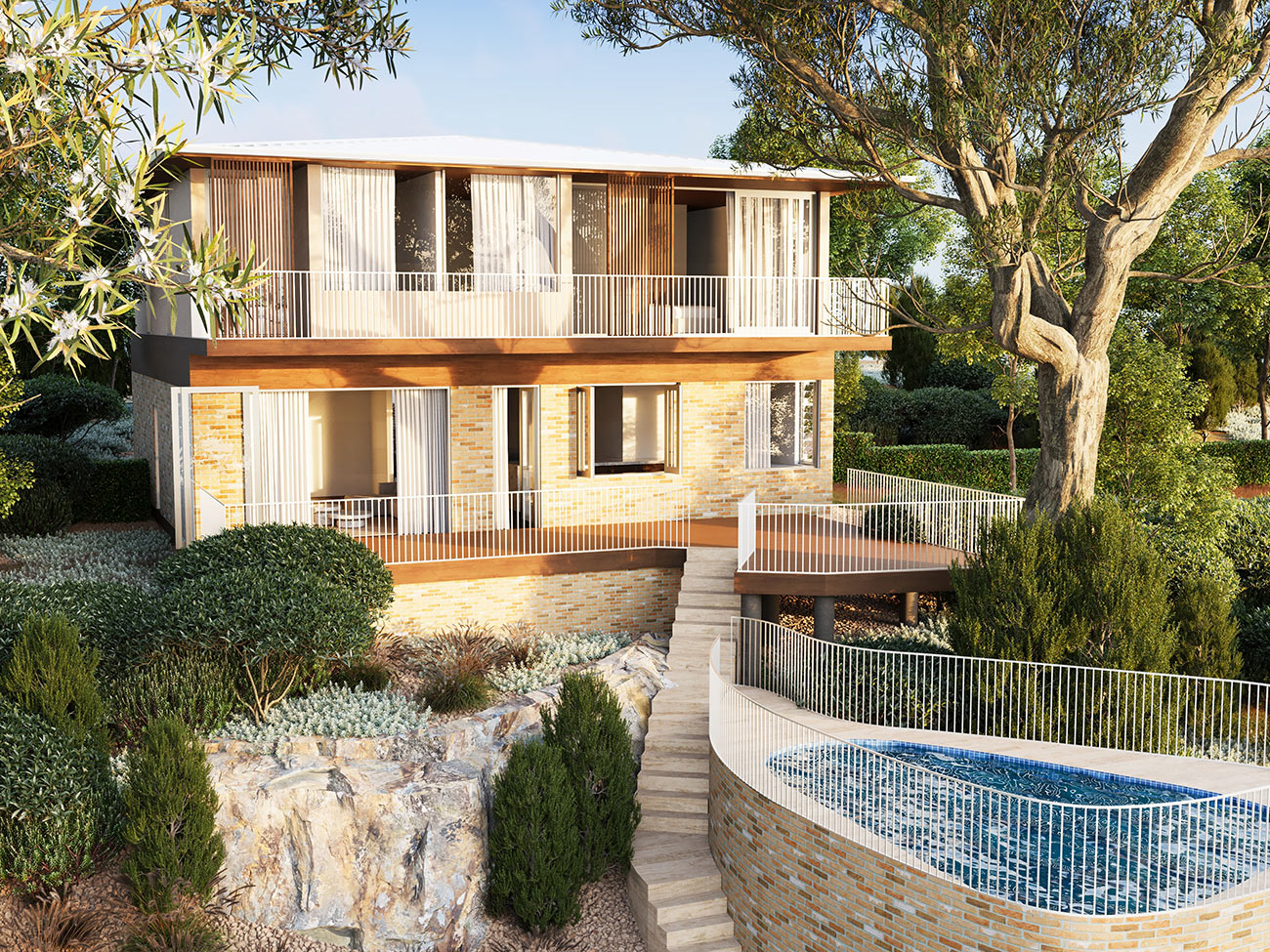 Modern box style home facade with contrasting render, timber panels and black garage door
