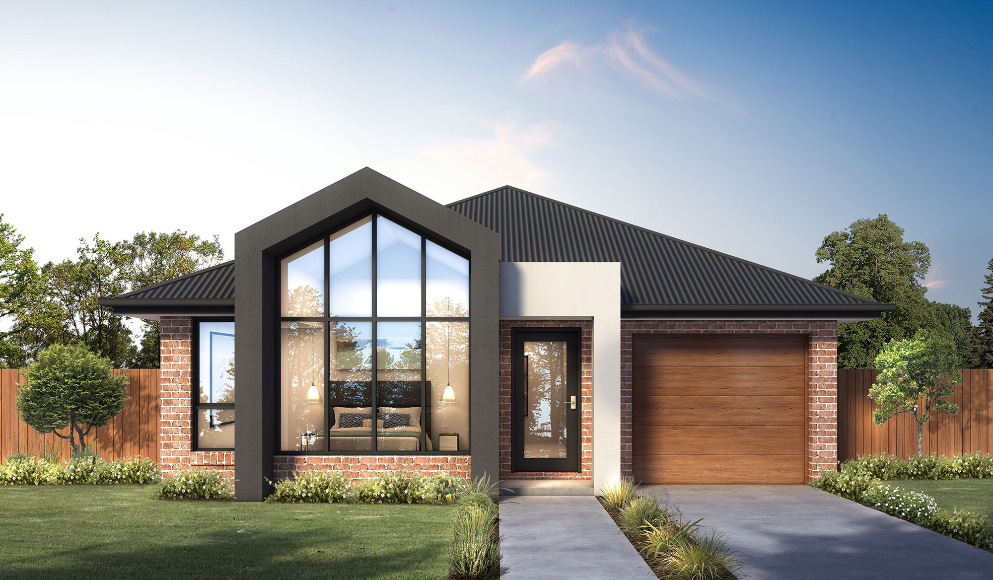 Modern brick home facade with gabled feature window, single story design and landscaped front yard