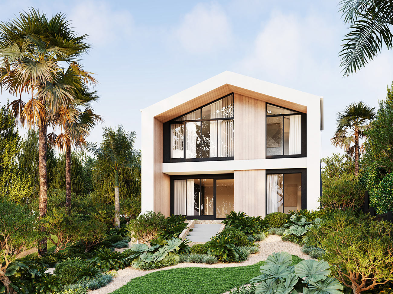 Modern coastal duplex with symmetrical facade, balcony and clean lines