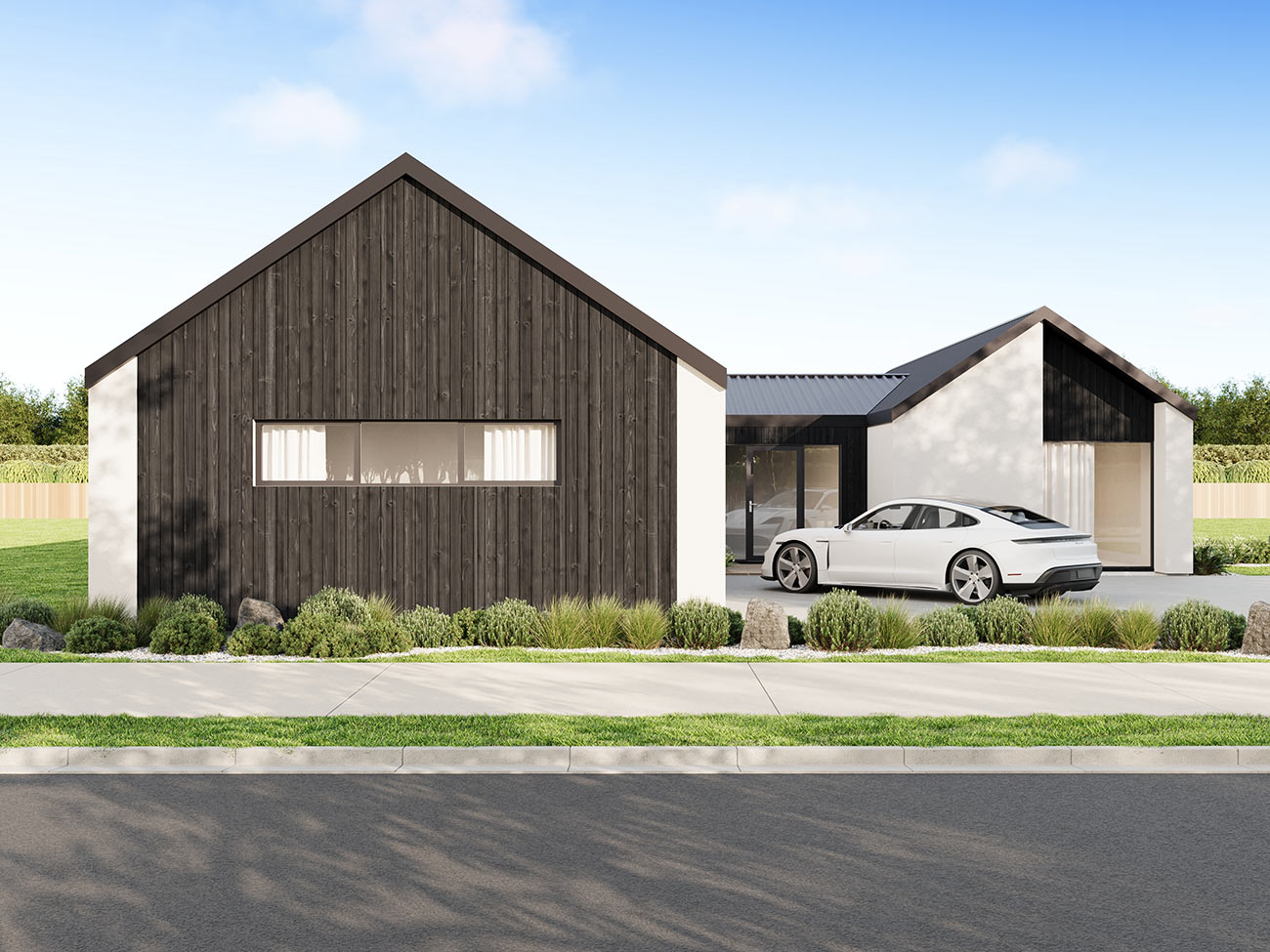 Modern coastal home with timber accents, white facade and expansive glazing