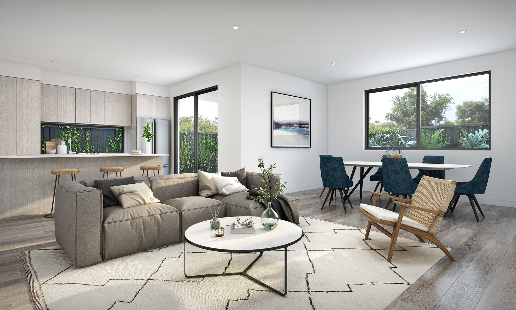 Modern coastal living and kitchen space with light timber finishes, open layout and indoor outdoor connection