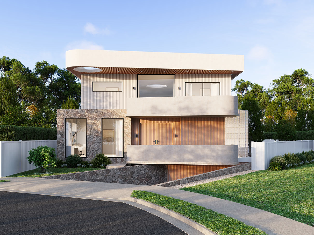 Modern home with curved balcony and stone and timber facade