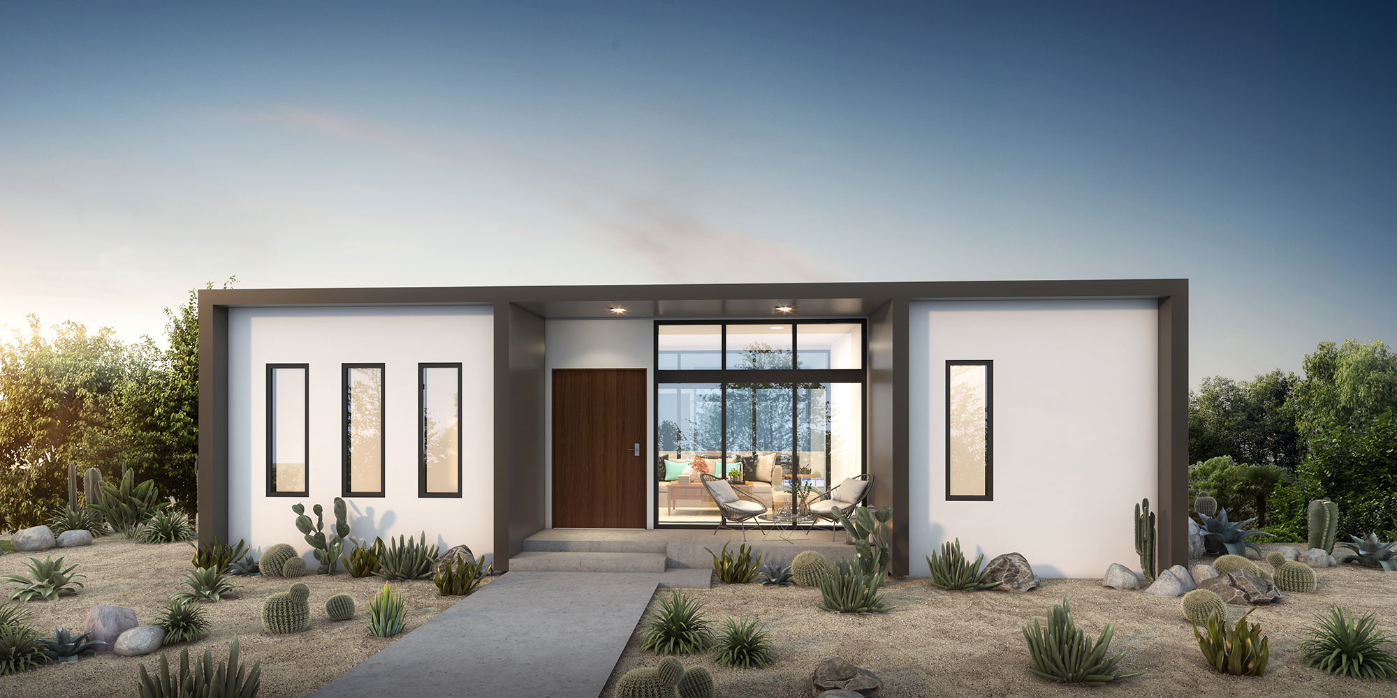 Modern desert home with flat roof, cactus landscaping and minimalist facade