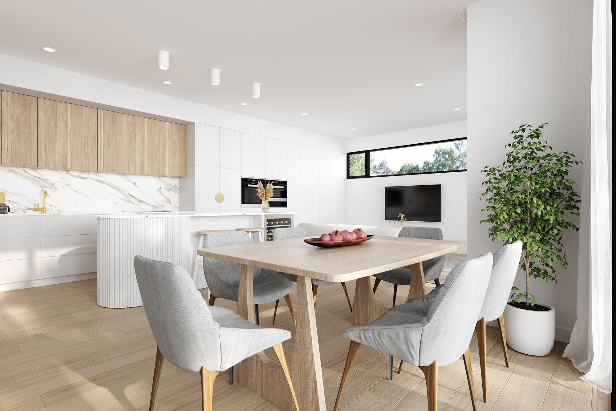 Modern dining area connected to open plan kitchen with timber finishes and natural light