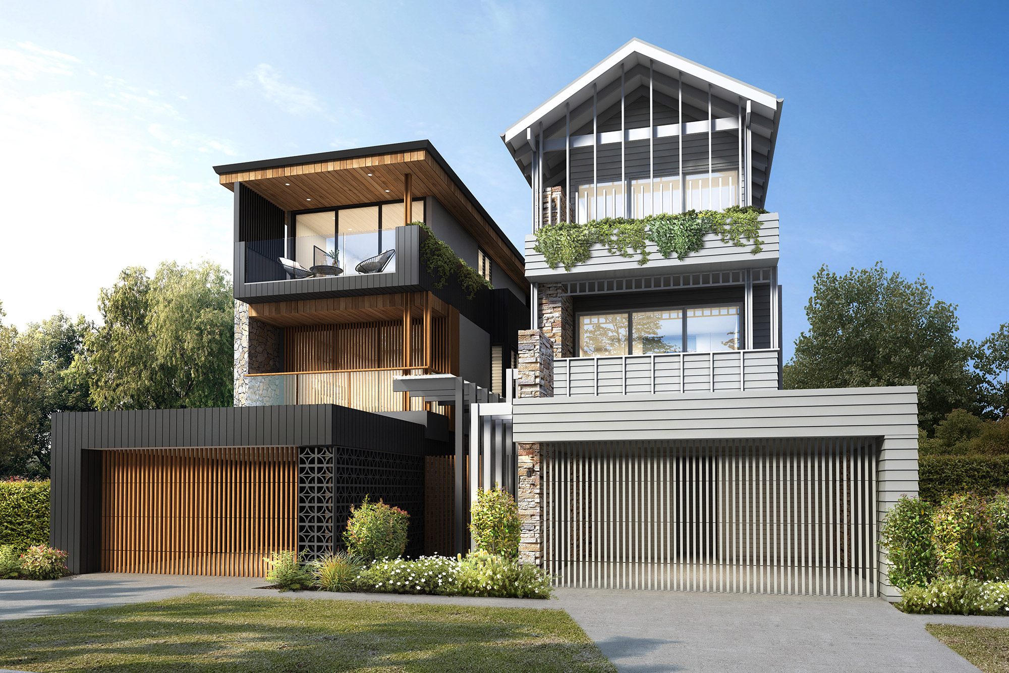 3D render of a modern dual occupancy home with contemporary facade and double garage