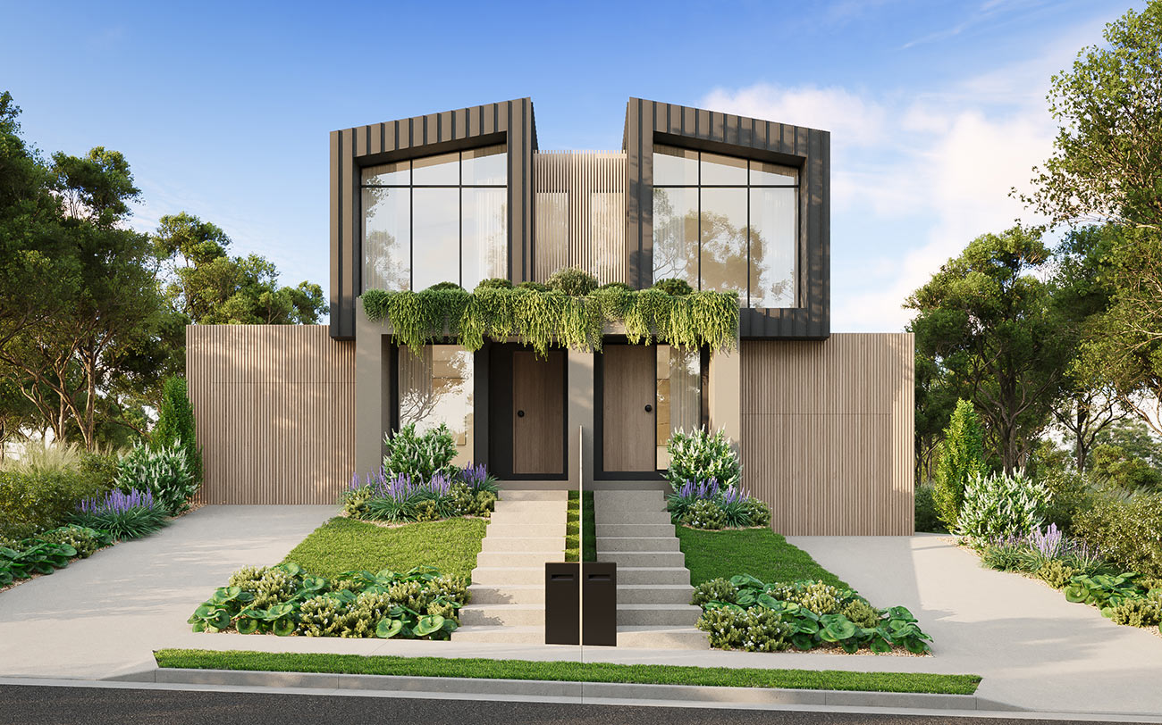 Modern dual occupancy home with symmetrical facade and landscaping 3D render