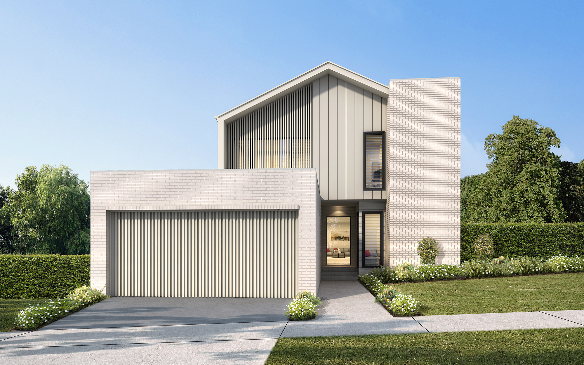 Modern duplex home with split level design, contemporary facade and landscaped entry