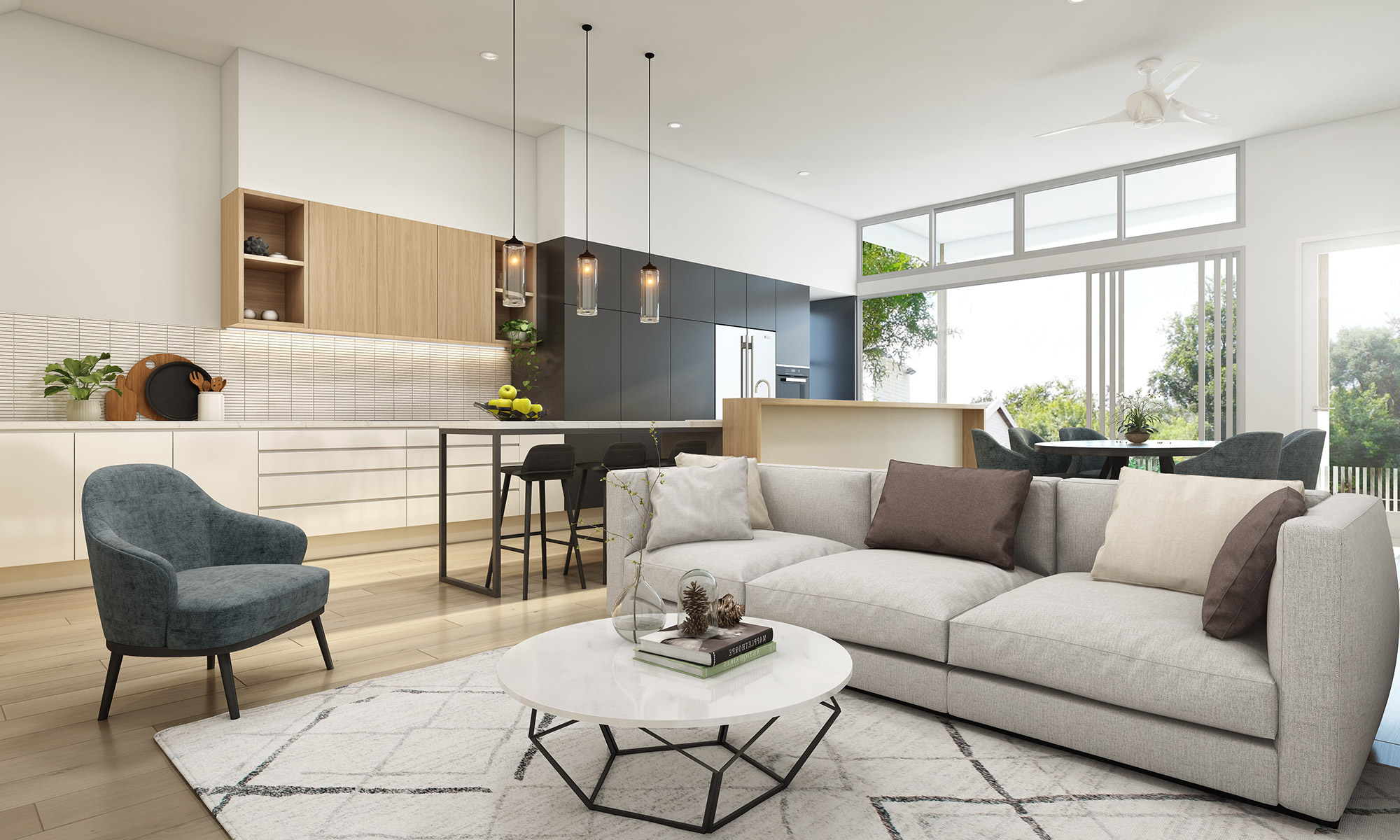 Modern family living and kitchen space with high ceilings, pendant lighting and open plan design
