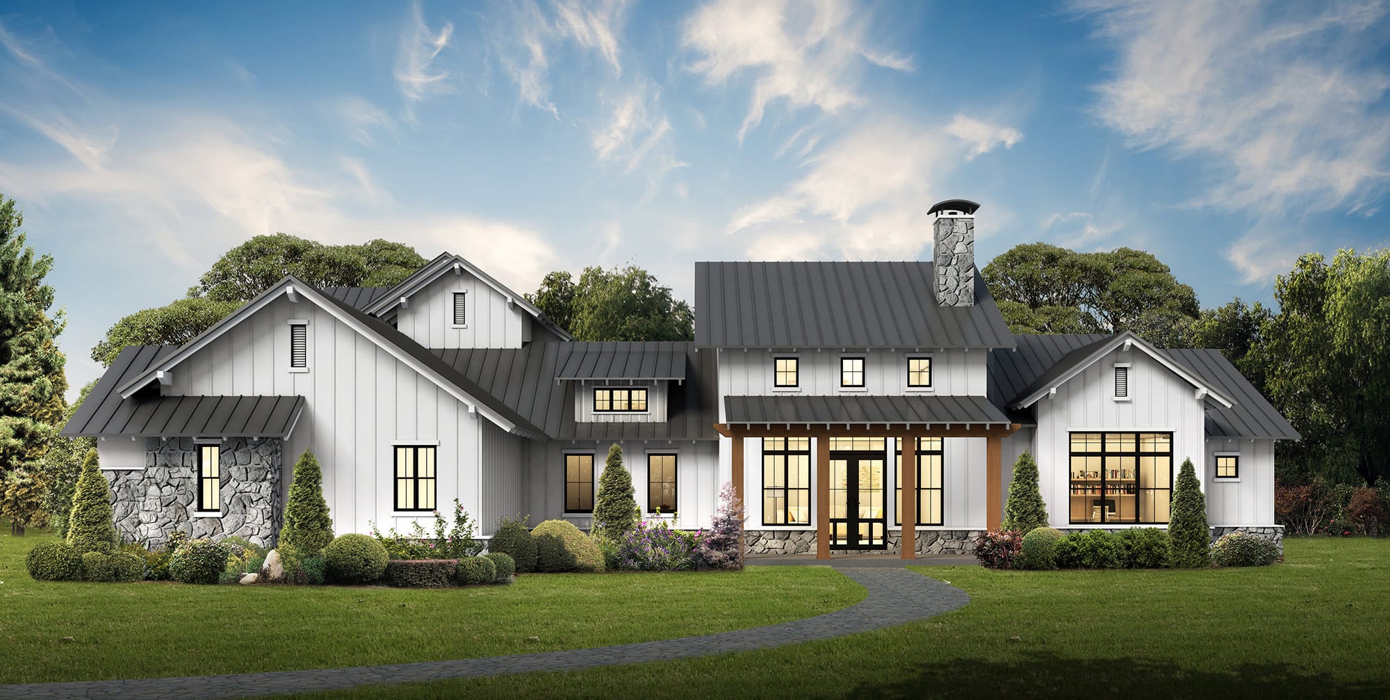 Modern farmhouse duplex with double garages, symmetrical layout and clean facade