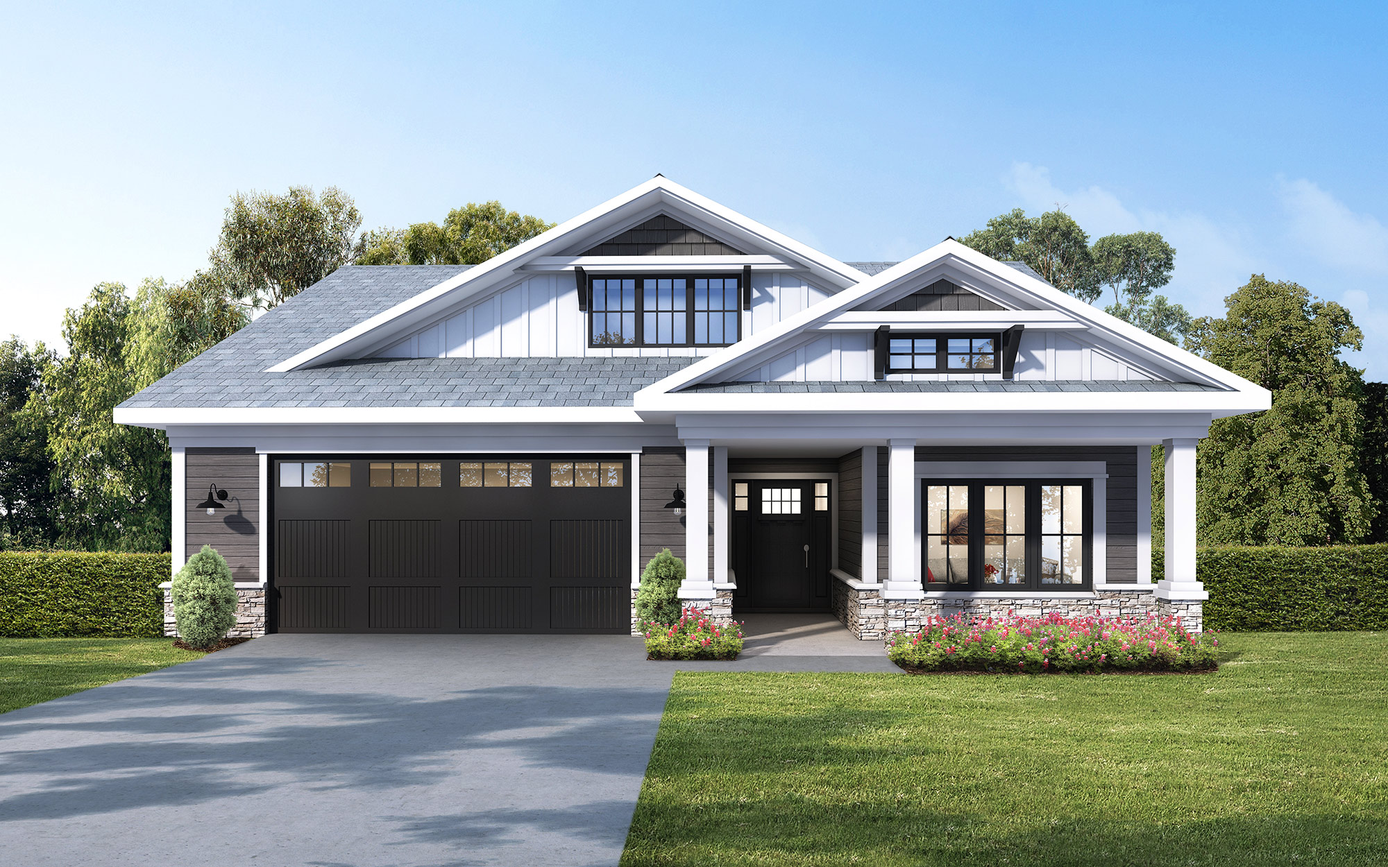 Modern farmhouse home with white exterior, stone base and dark garage door