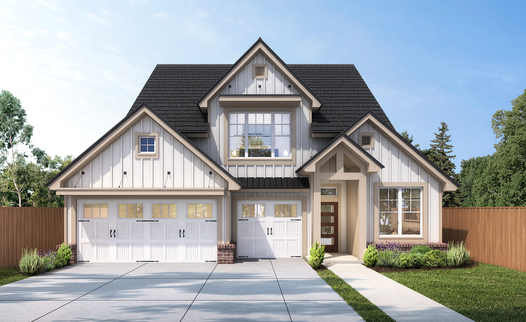Modern farmhouse home with white cladding, gable roof and large front windows