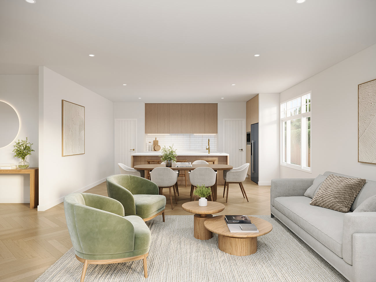 Modern kitchen dining and living area with clean lines and light interior palette