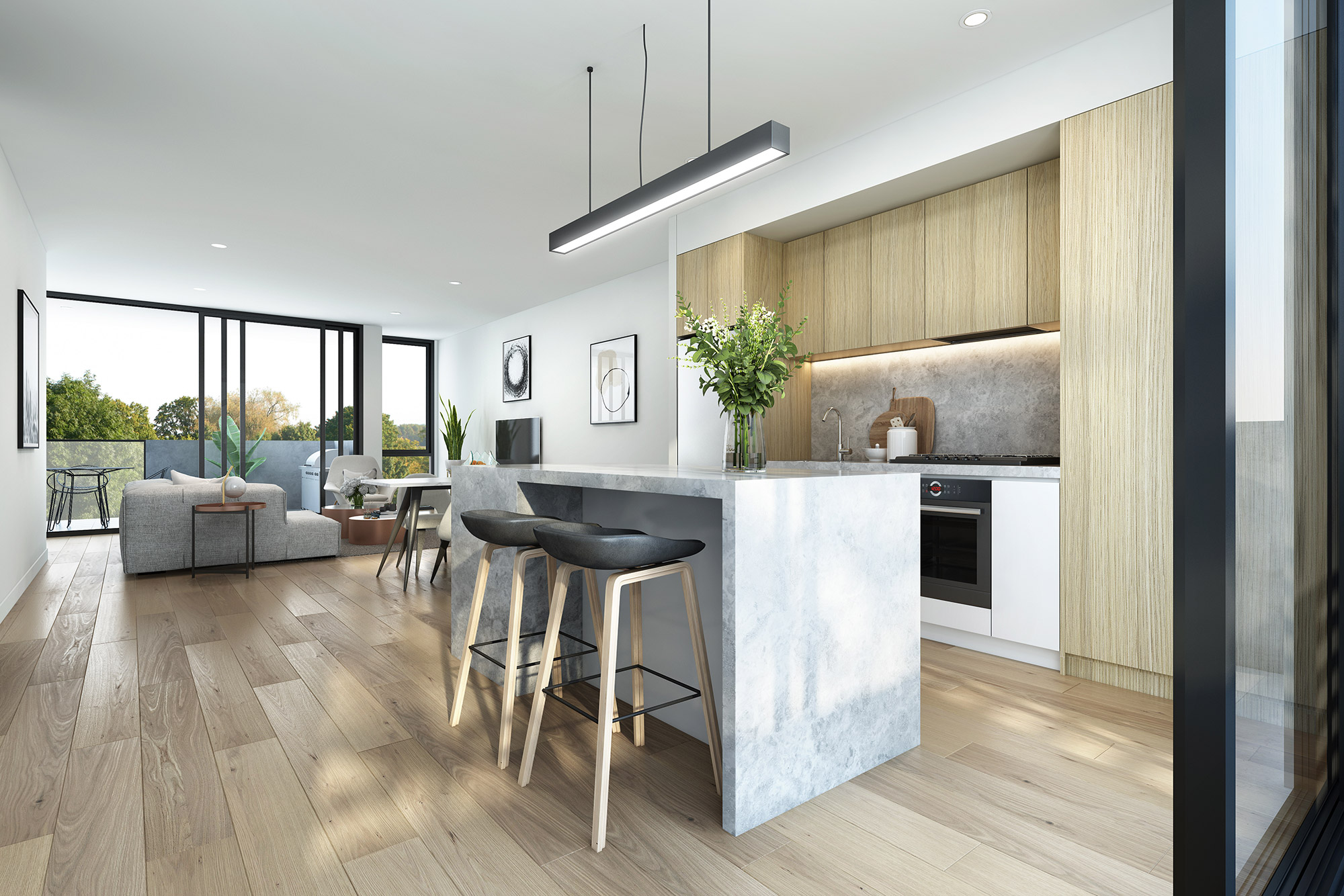 Modern apartment kitchen and living space with island bench, timber cabinetry and open plan layout