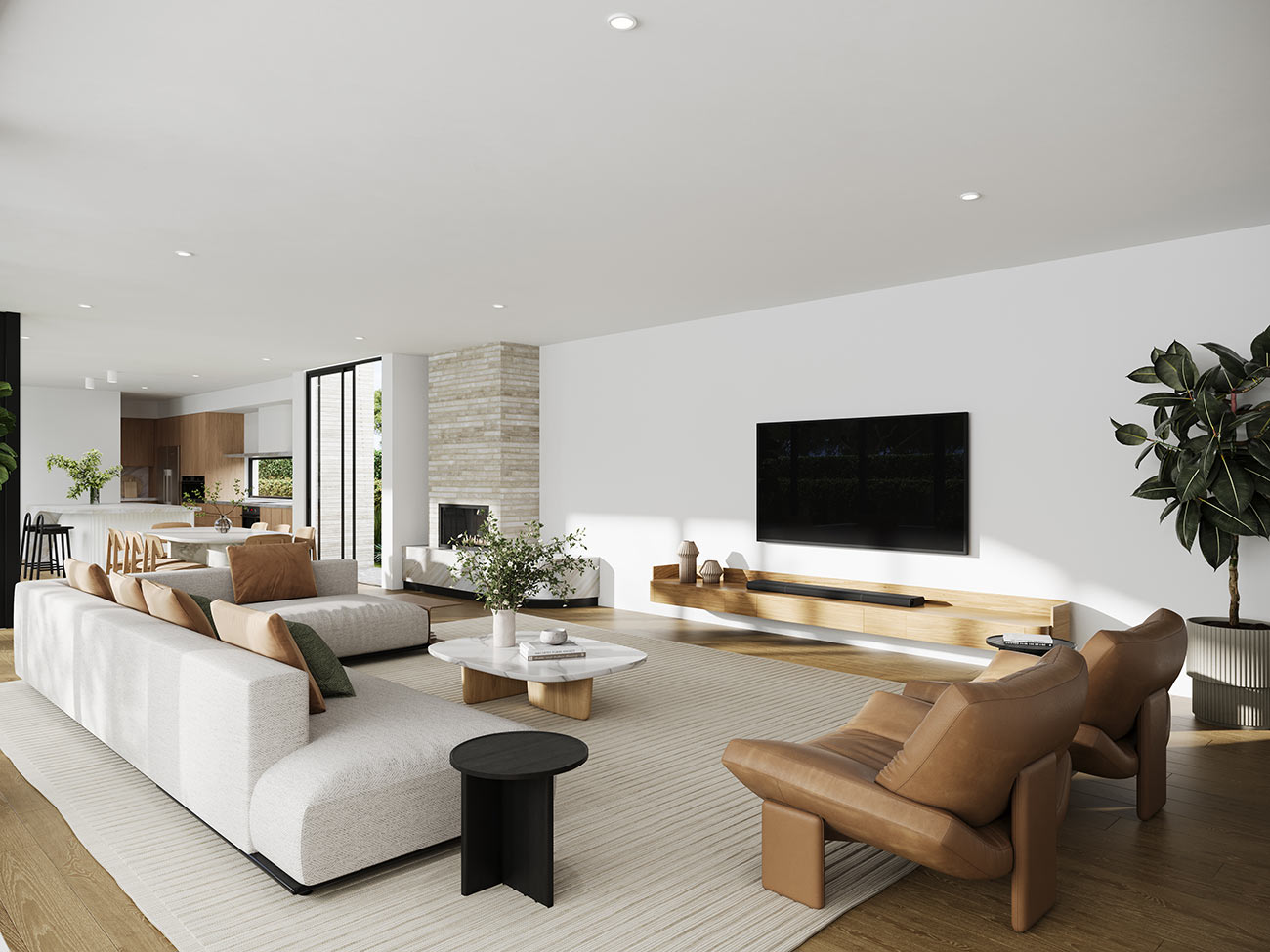 Modern living room with fireplace feature wall and neutral interior styling