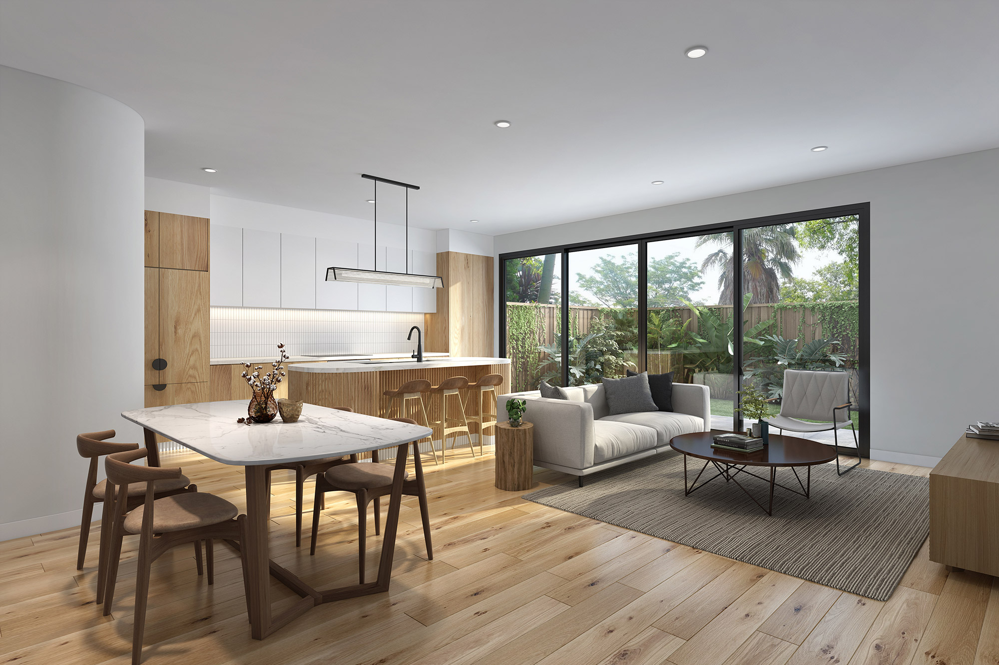 Modern living room with open plan kitchen and dining, pendant lighting and contemporary finishes