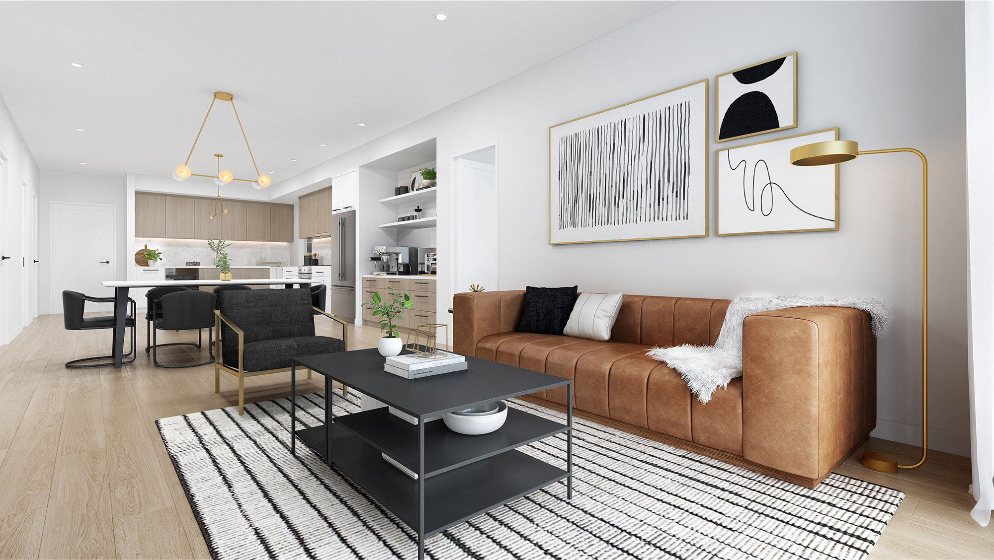 Modern living room with leather sofa, open plan kitchen and dining area, light timber flooring and minimalist styling