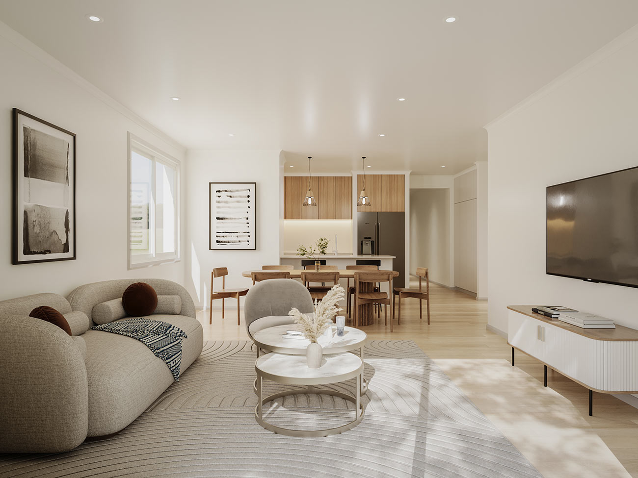 Modern living room in open plan layout with soft lighting and contemporary furniture