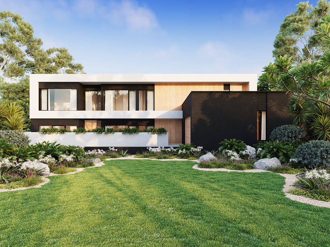 Modern luxury home with horizontal architectural design, timber cladding, black facade elements and landscaped garden front yard