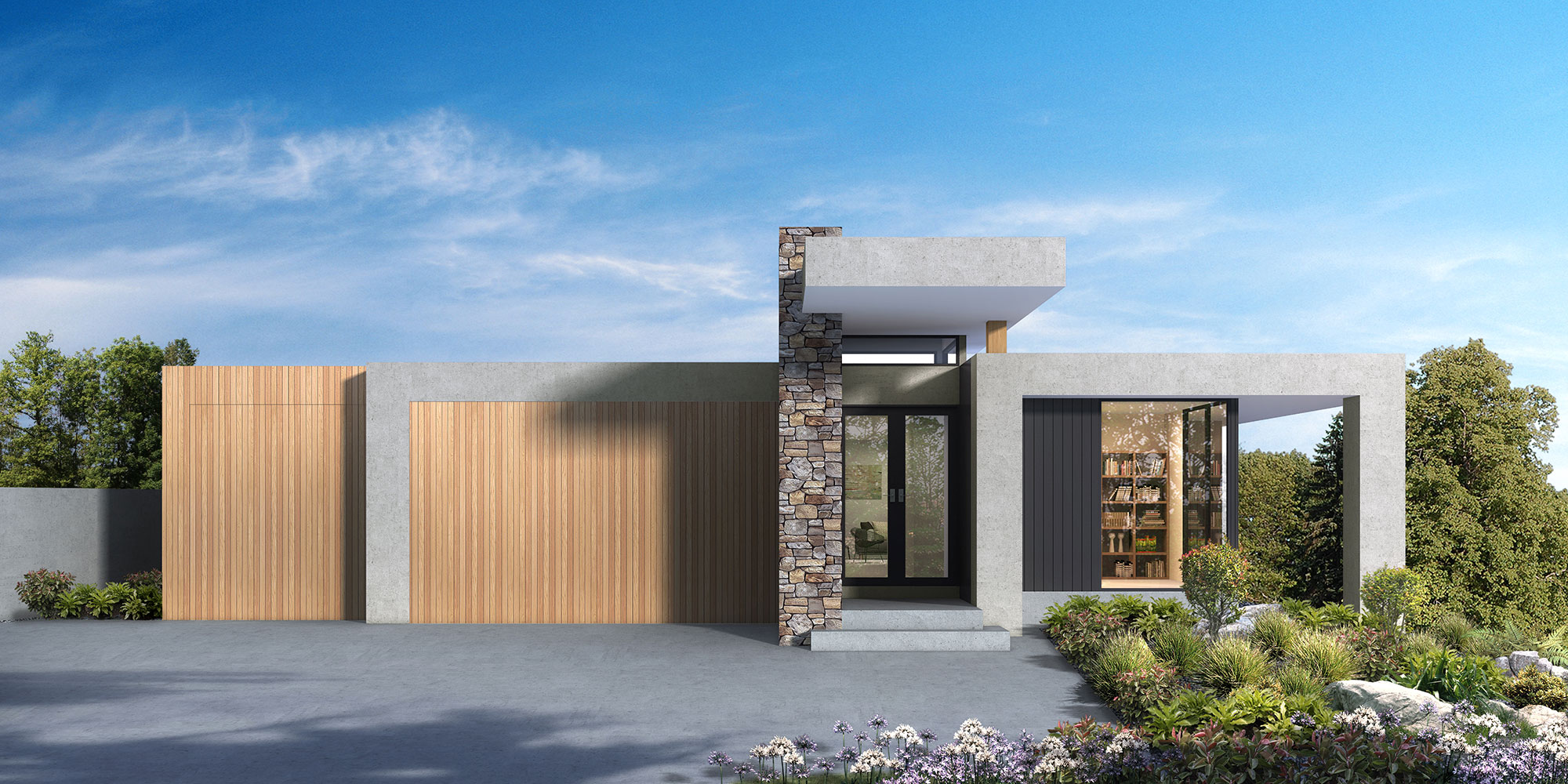 Modern minimalist home with flat roof, timber cladding and stone feature wall