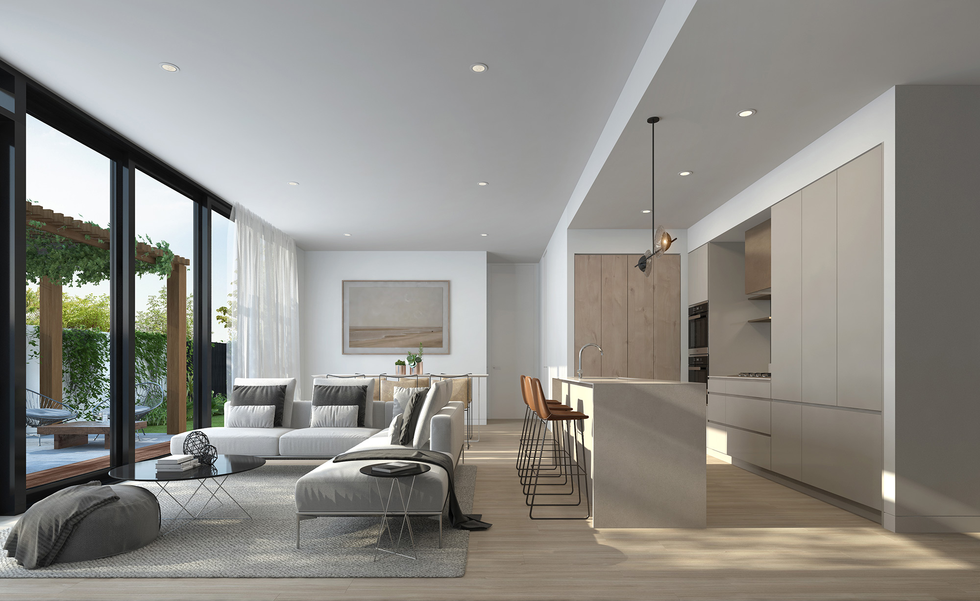 Modern open plan kitchen and living space with island bench, minimalist cabinetry and clean design