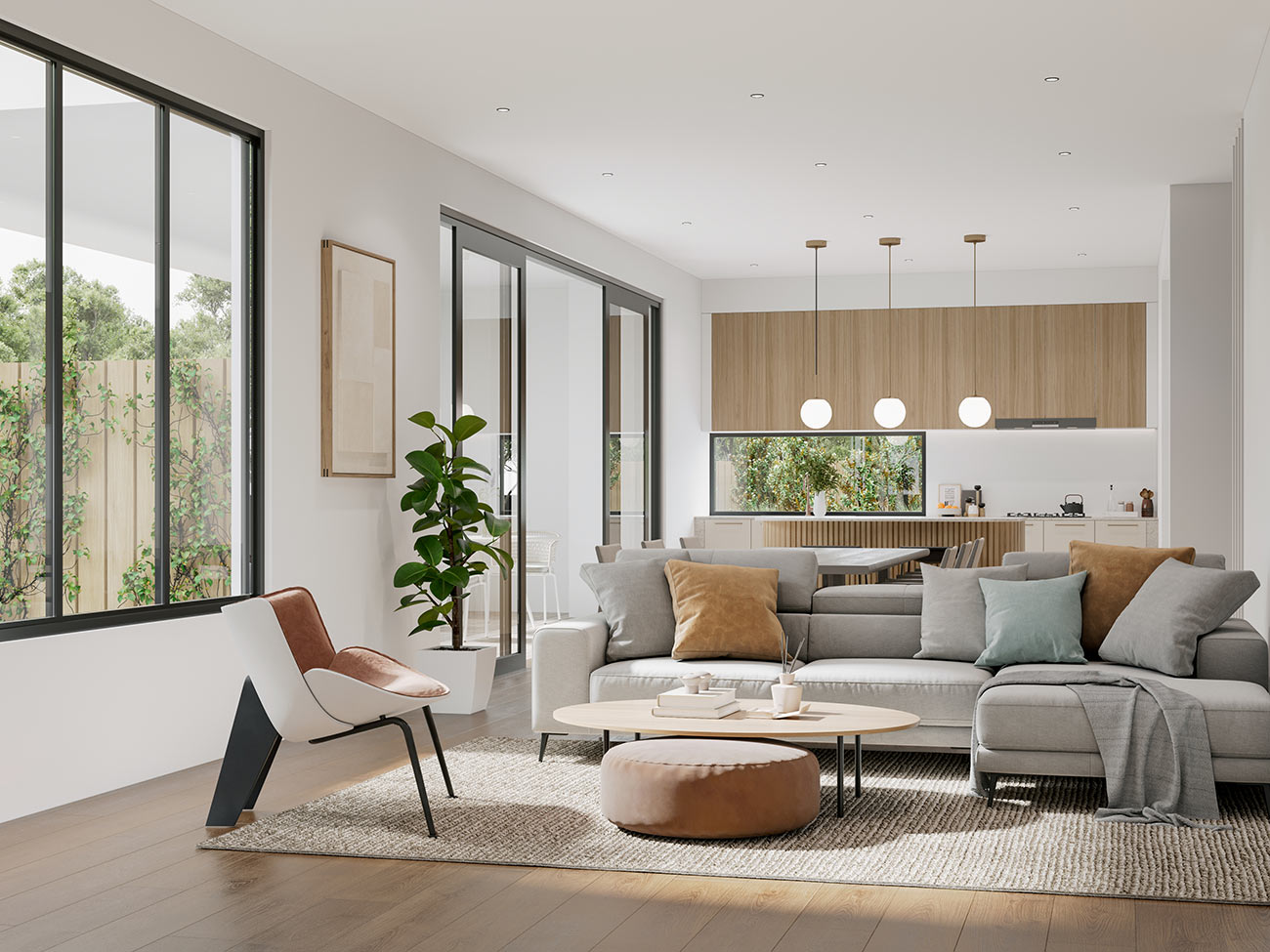 Modern open plan living, dining and kitchen with light wood finishes and soft furnishings