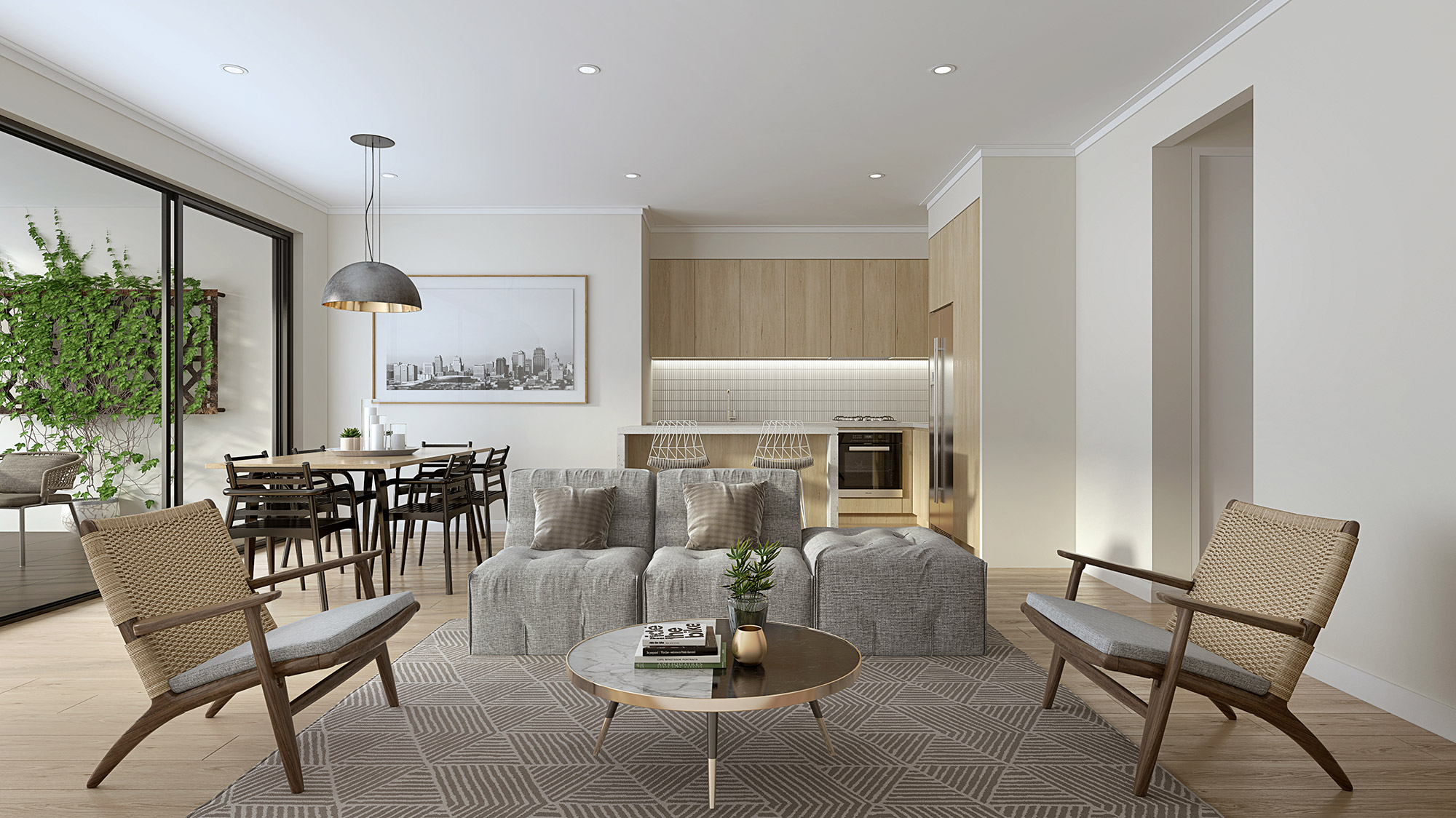 Modern open plan living, dining and kitchen interior with light neutral palette, timber finishes and soft natural lighting