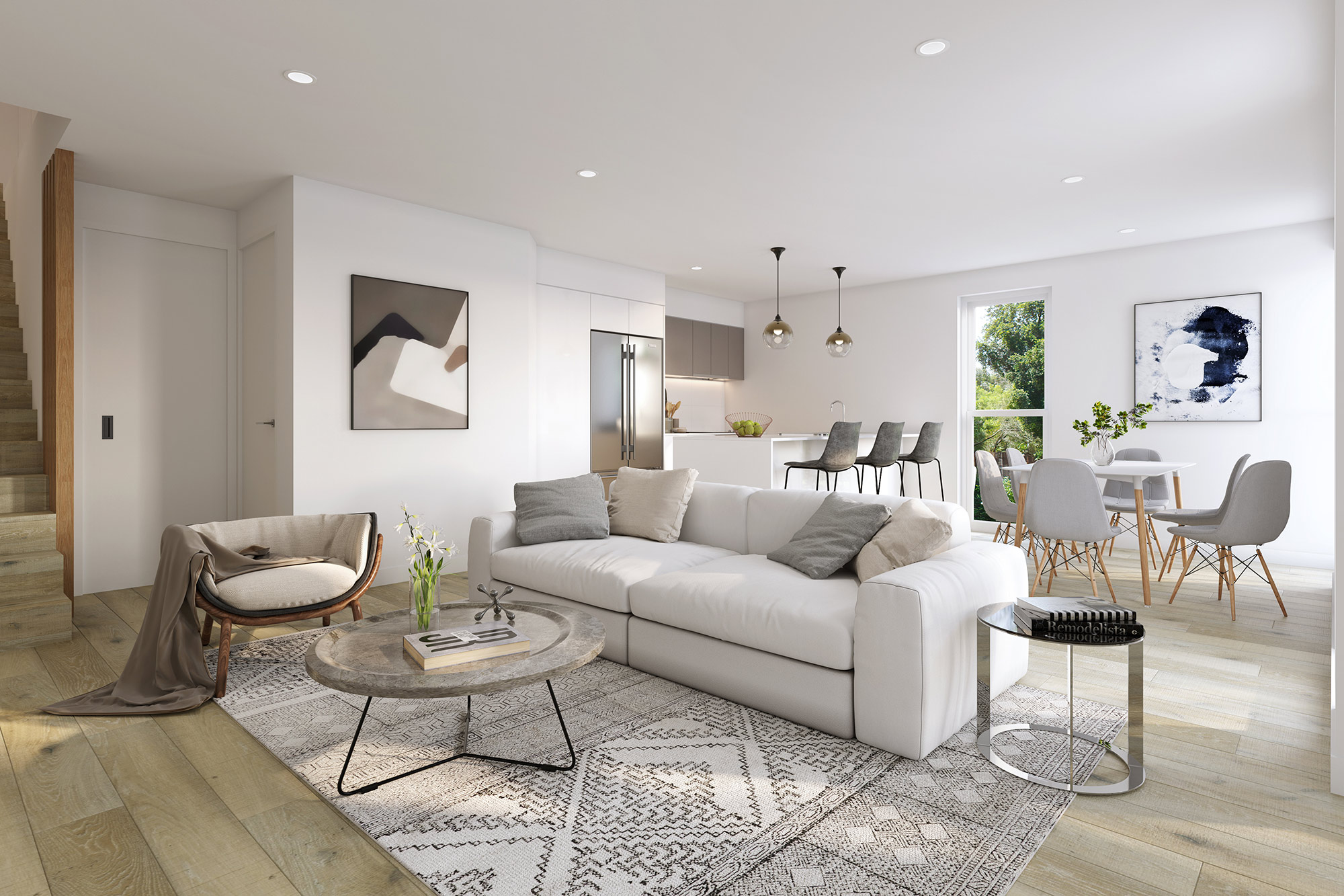 Modern open plan living, kitchen and dining area with bright interior and contemporary styling