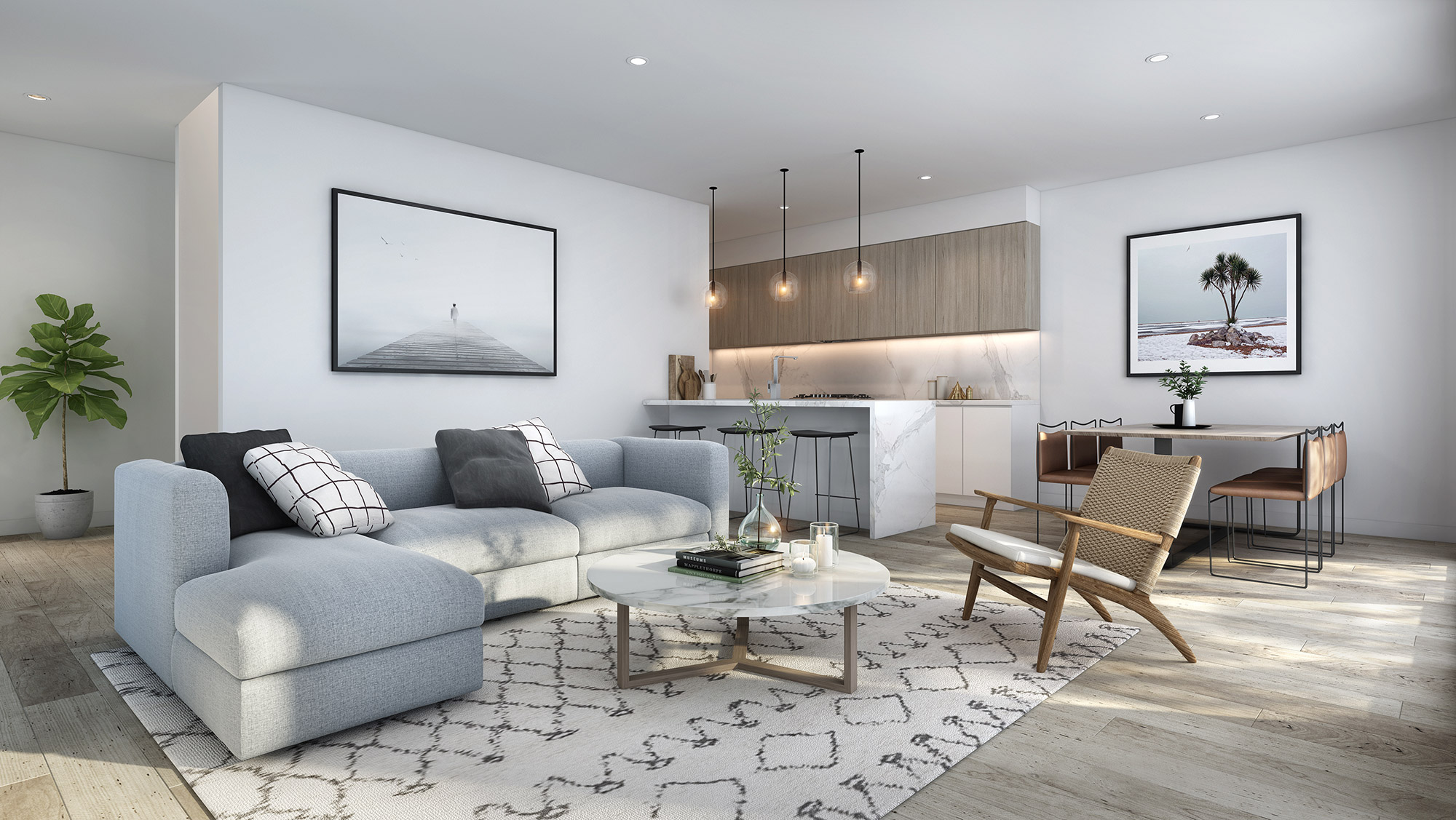 Modern open plan living and kitchen with neutral tones, natural light and contemporary furnishings