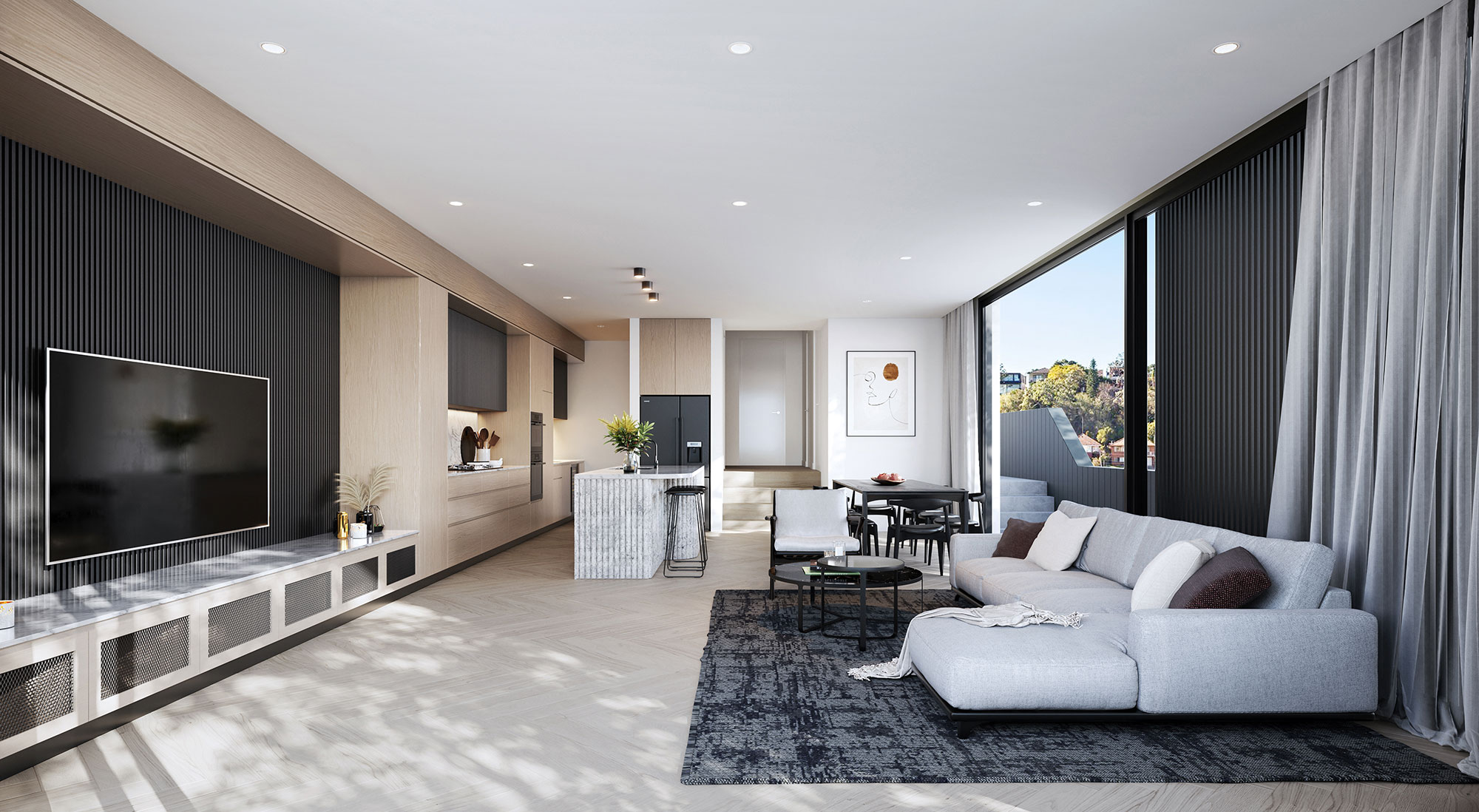 Modern open plan living and kitchen with timber cabinetry, black feature wall, large windows and contemporary furniture