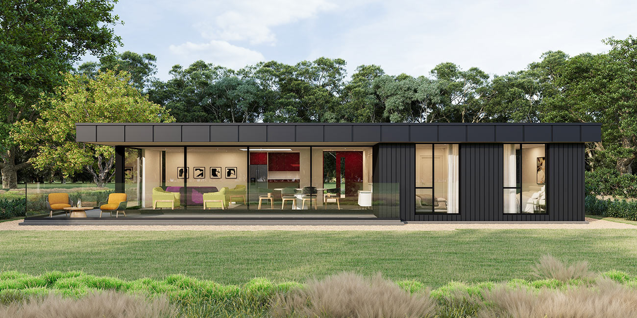 Modern pavilion style home with full glass walls and open plan indoor outdoor living